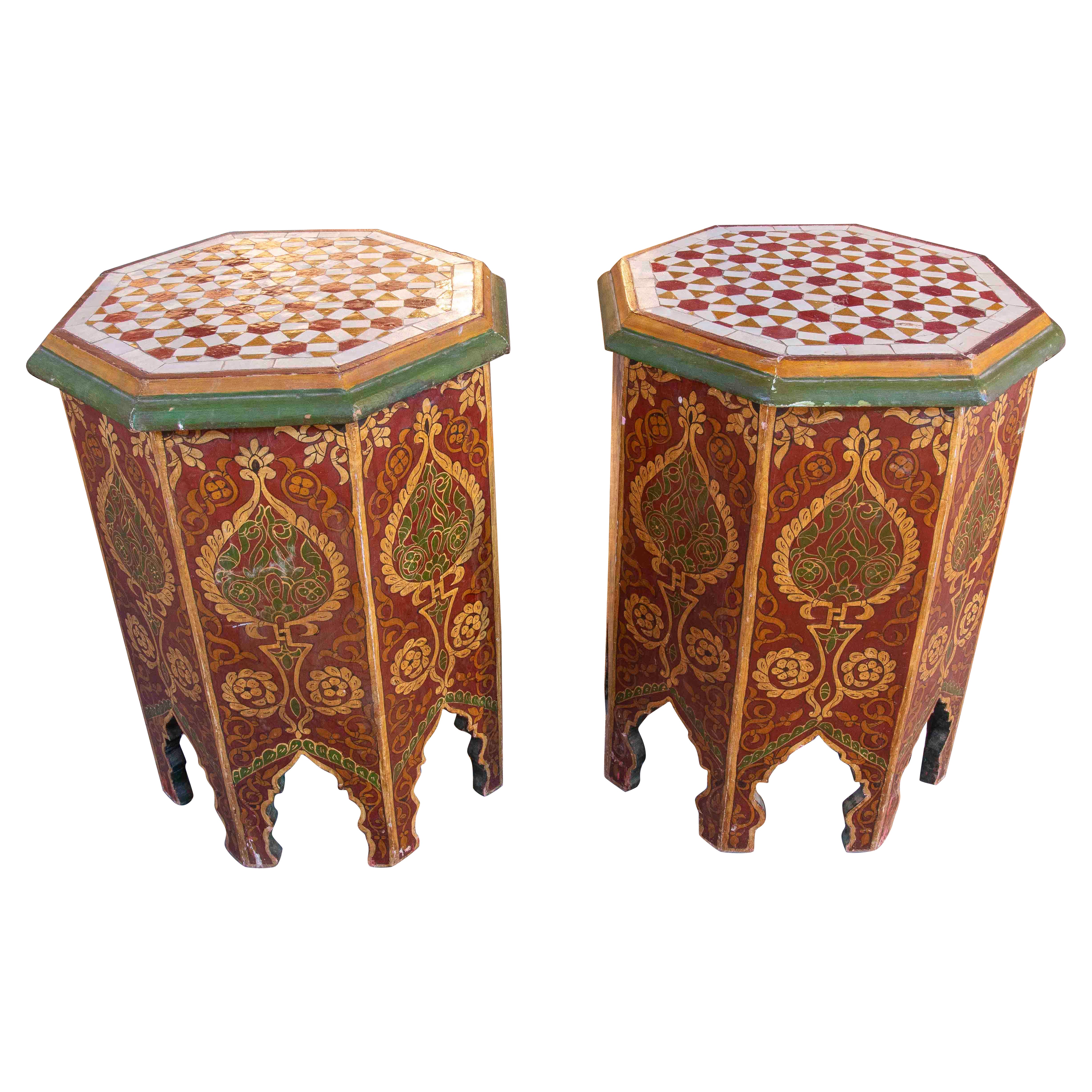 1980s Pair of Hand-painted Moroccan Octagonal Tables, Zelige Tile Top For Sale