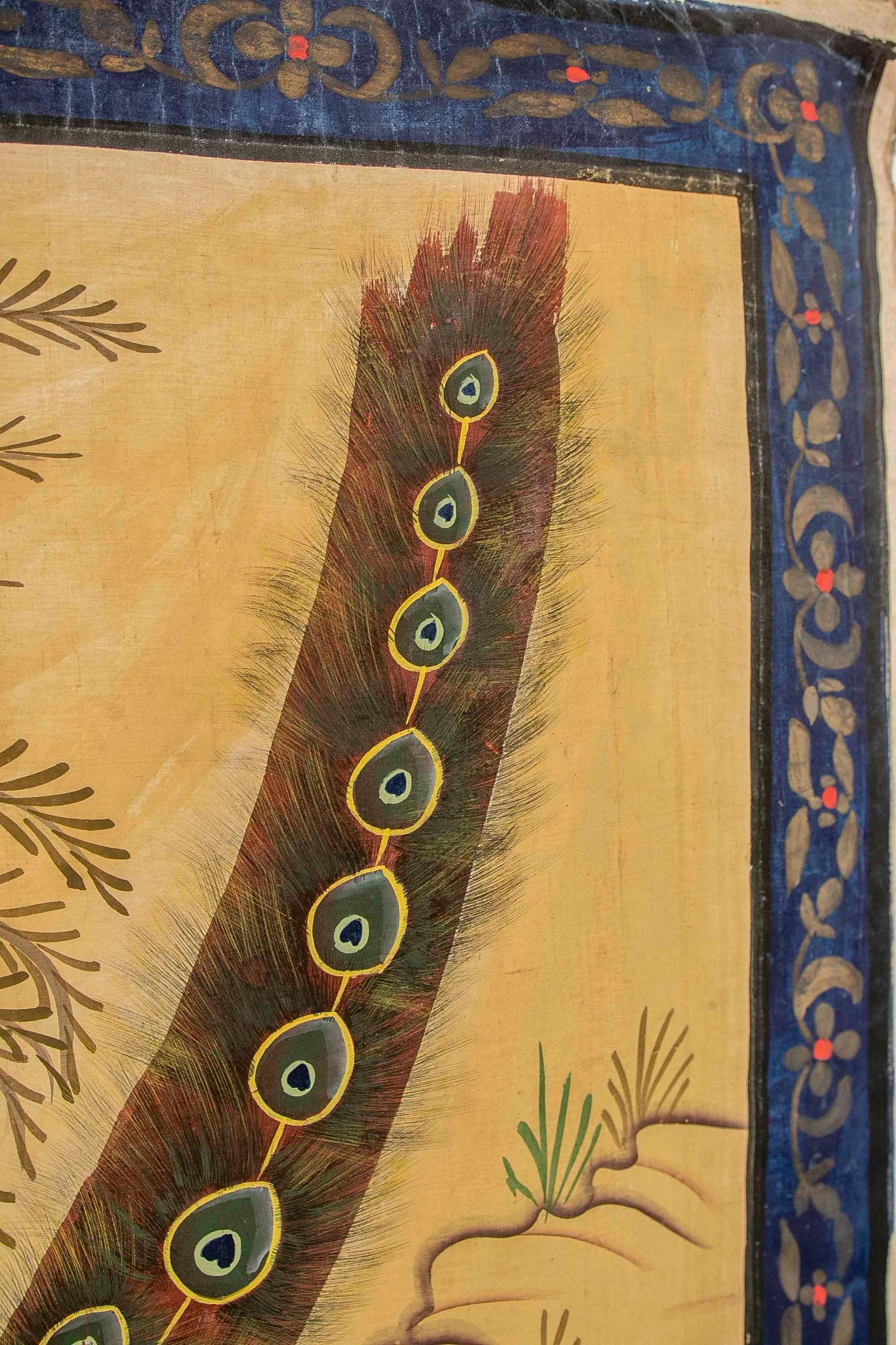 Paire de paons sur toile peints à la main dans les années 1980  en vente 1
