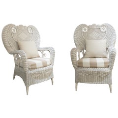1980s Pair of Handmade Wicker Armchairs Painted in White 1980s Pair of Handmade Wicker Armchairs Painted in White