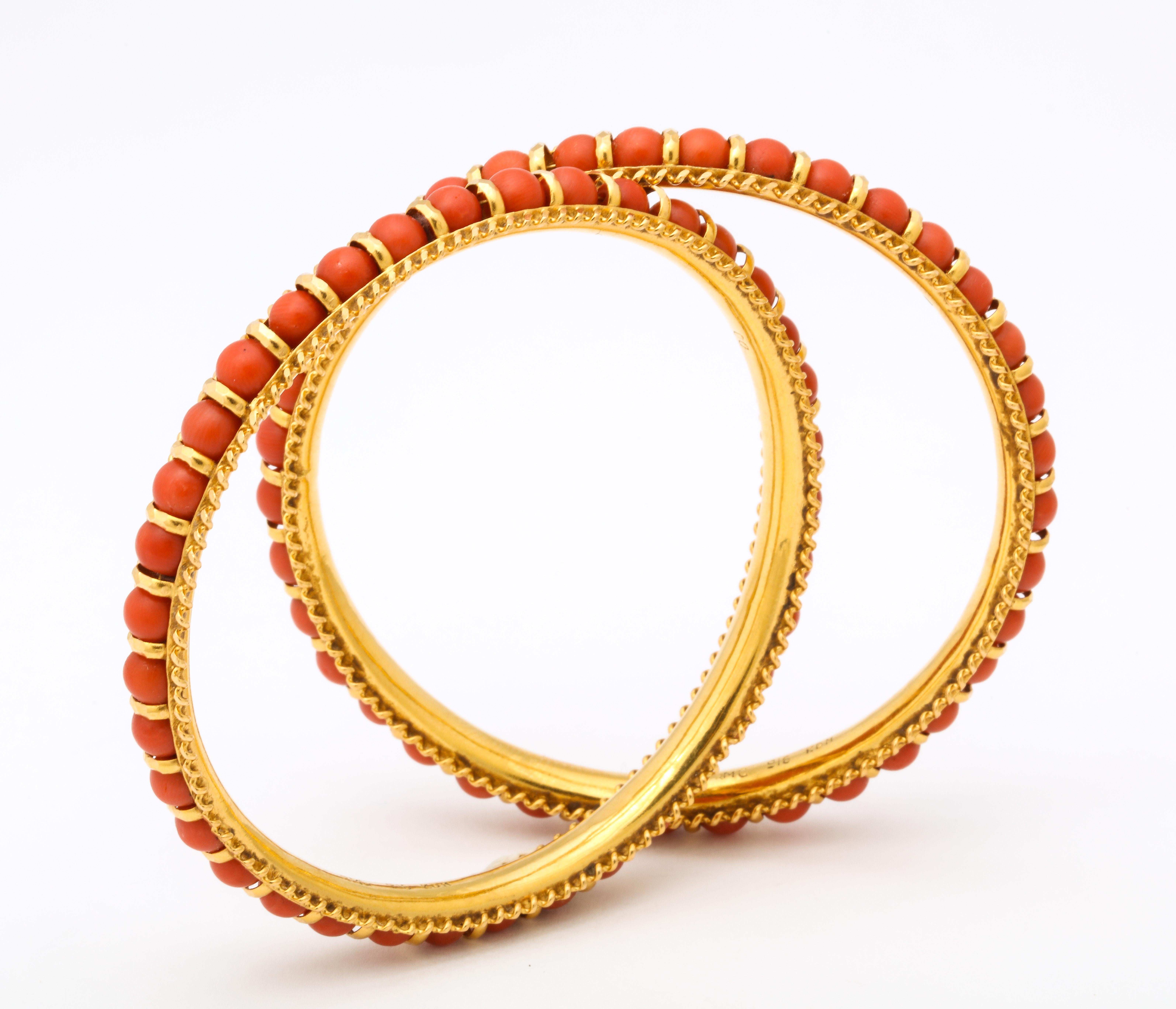 1980's Pair of High Carat Gold Coral Bead Bangle Slip on Bracelets 4