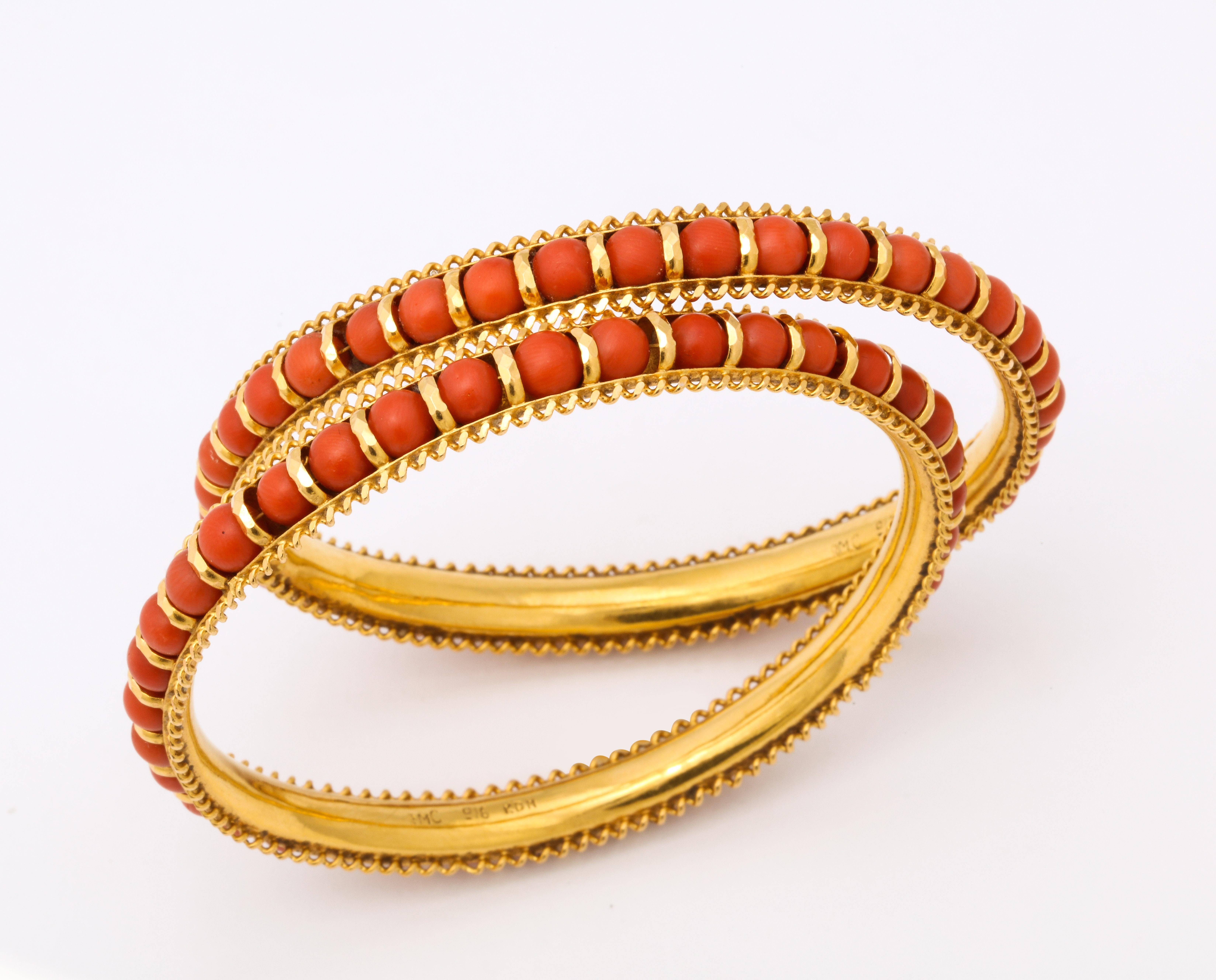 One Pair Of Ladies 22kt Gold Bangle Slip On Bracelets Embellished With Numerous Beautiful Color Coral Beads. Fits Standard Size Wrist..50 Inches Wide For Combined Bracelets.