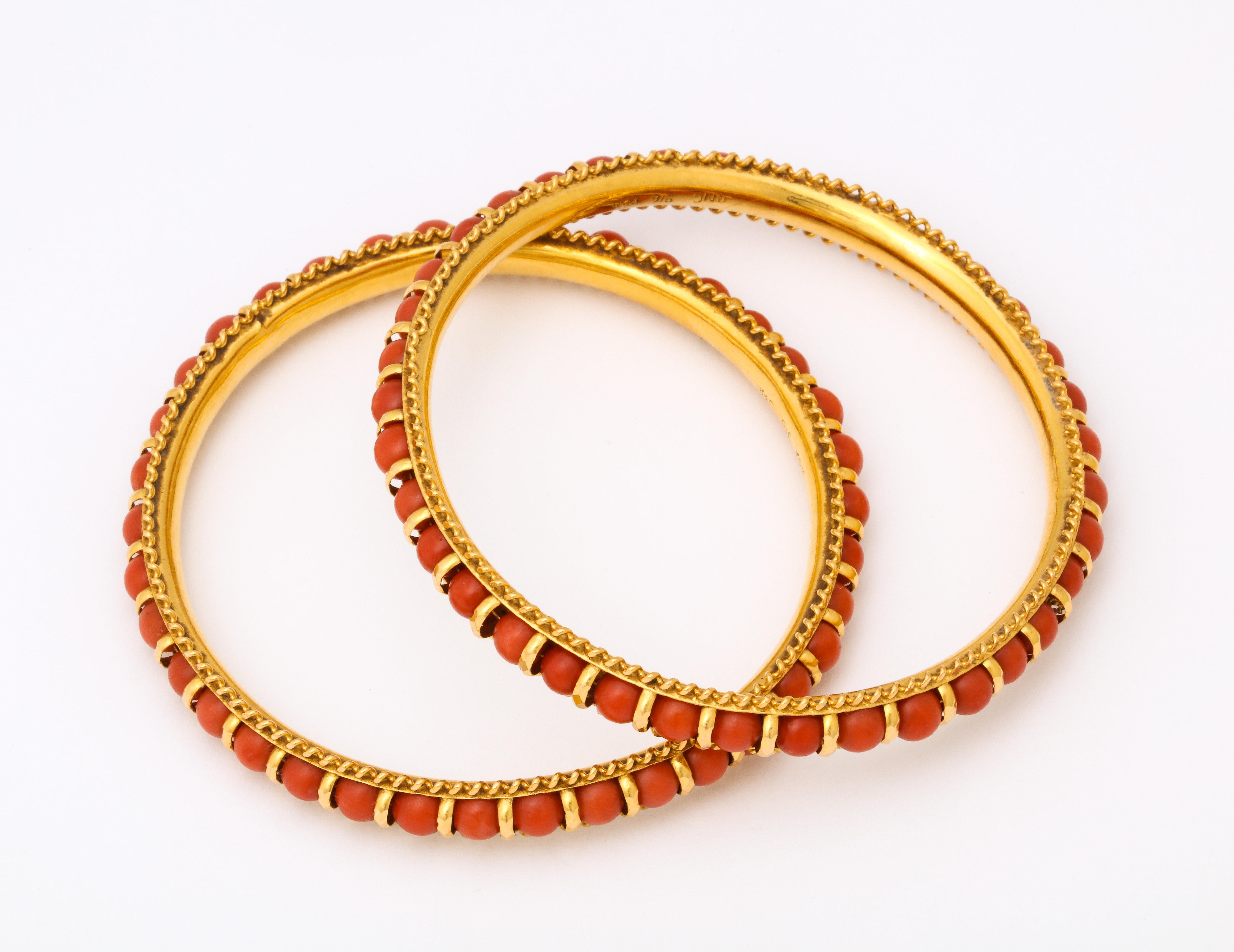 Women's 1980's Pair of High Carat Gold Coral Bead Bangle Slip on Bracelets