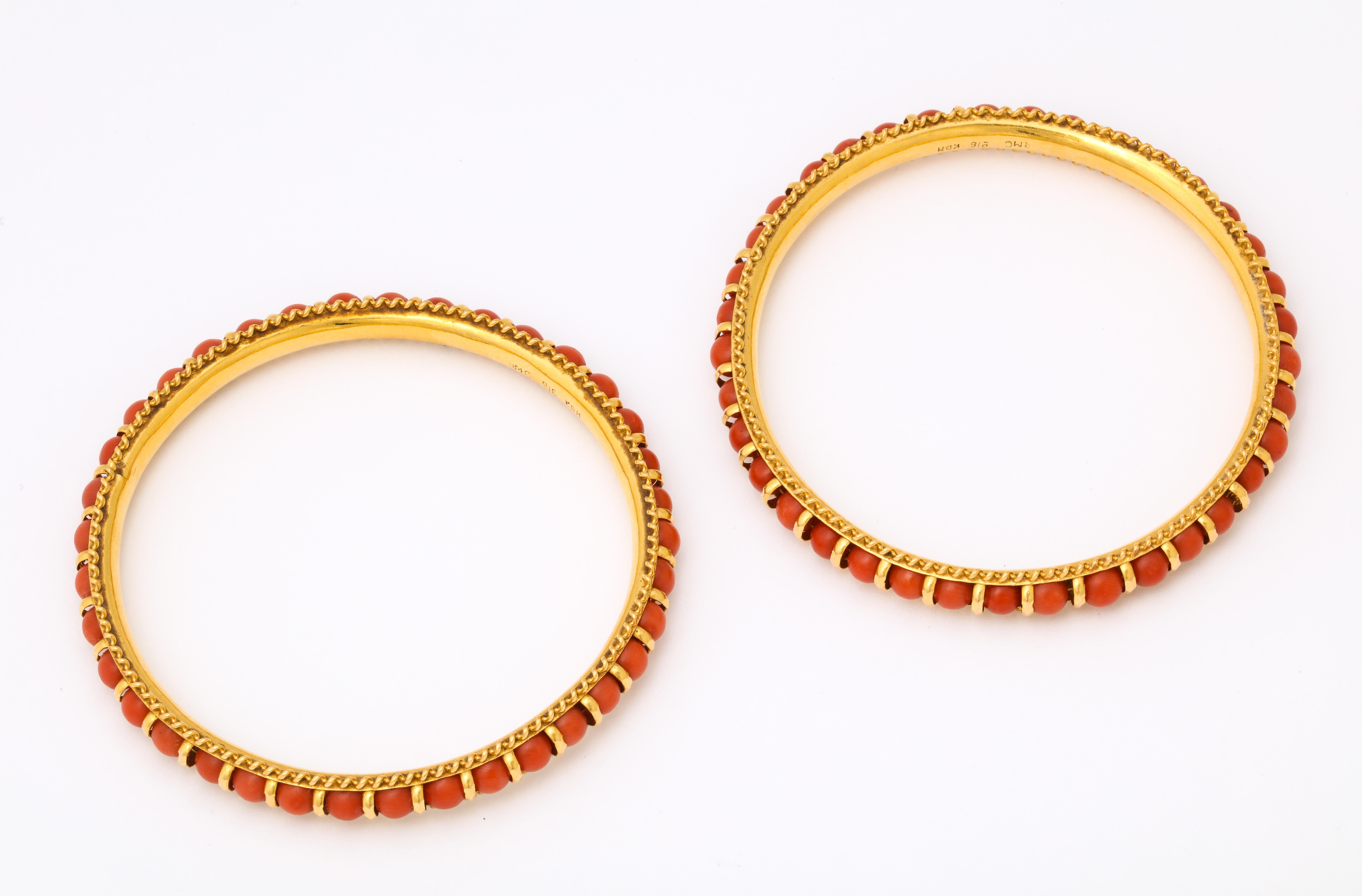 1980's Pair of High Carat Gold Coral Bead Bangle Slip on Bracelets 1