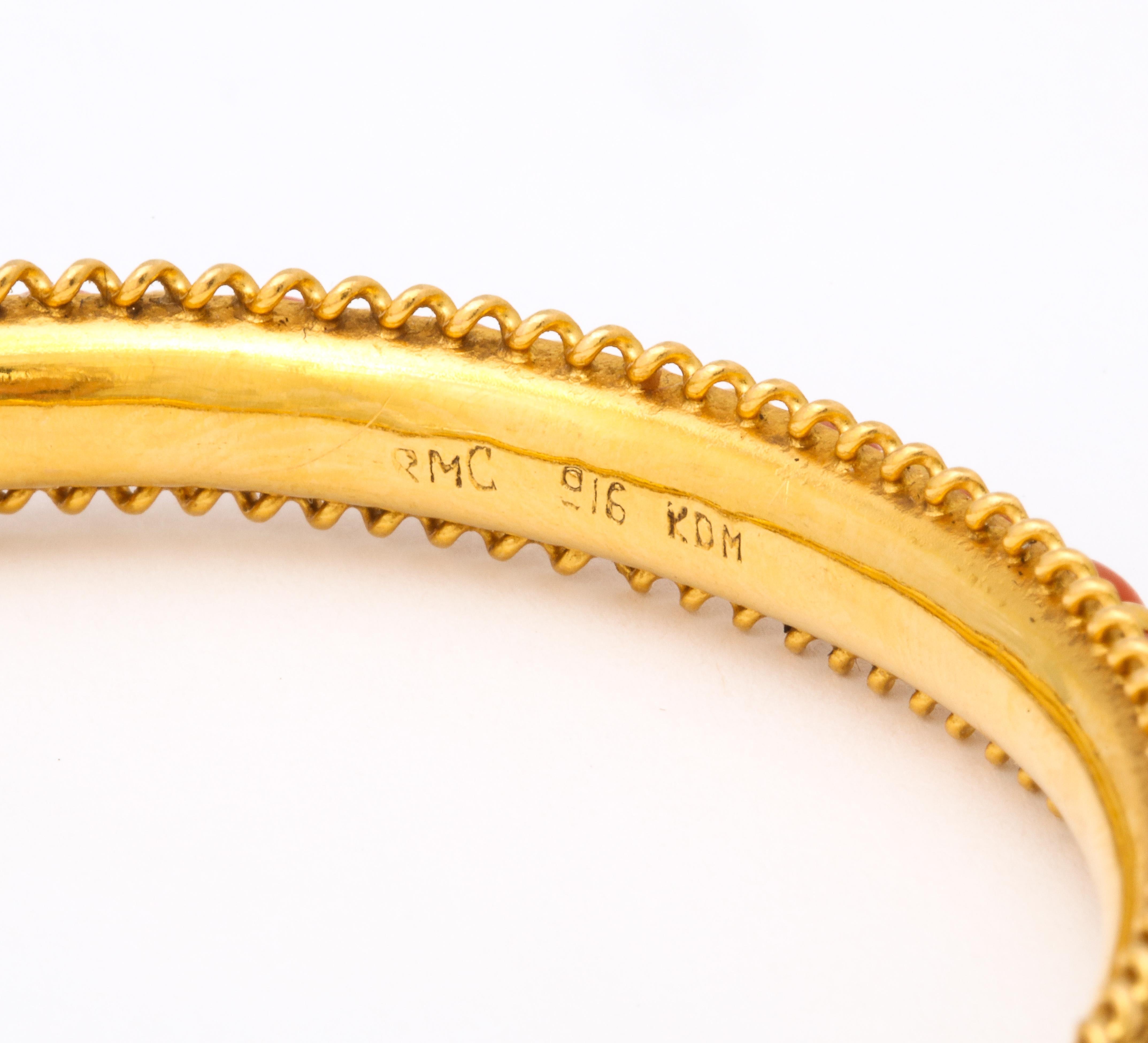 1980's Pair of High Carat Gold Coral Bead Bangle Slip on Bracelets 2