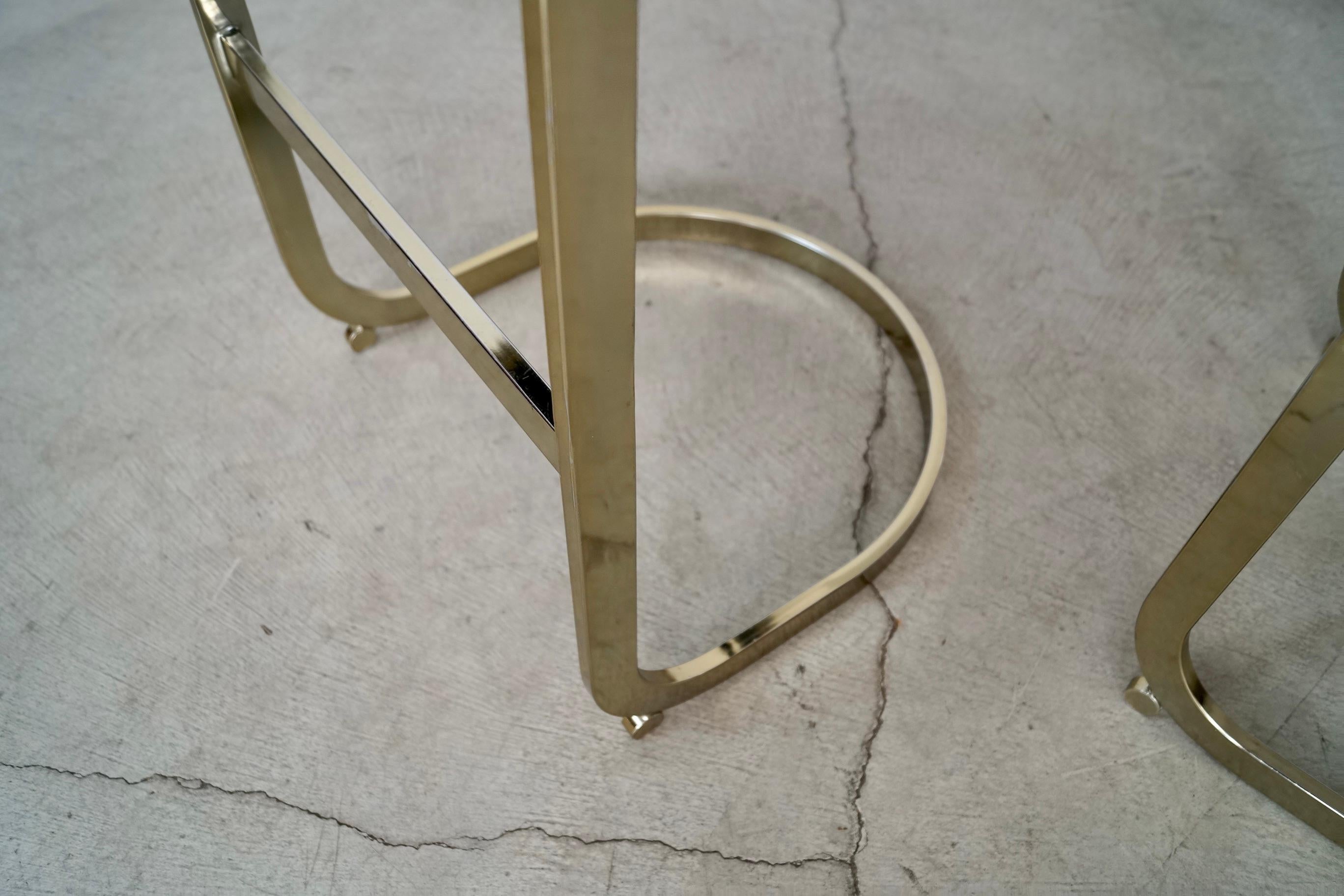 1980's Pair of Hollywood Regency Baughman Style Cantilever Brass Bar Stools For Sale 11