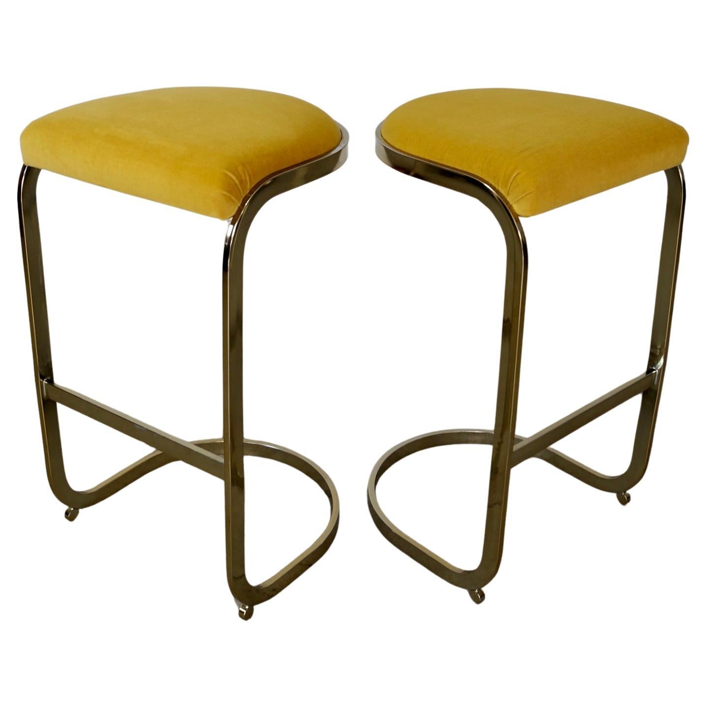 1980's Pair of Hollywood Regency Baughman Style Cantilever Brass Bar Stools