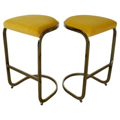 1980's Pair of Hollywood Regency Baughman Style Cantilever Brass Bar Stools