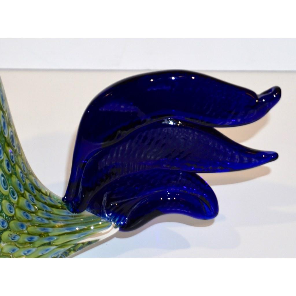 1980s Pair of Italian Vintage Silver Navy Blue Green Murano Glass Hen Sculpture For Sale 4