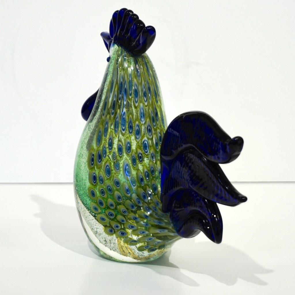 1980s Pair of Italian Vintage Silver Navy Blue Green Murano Glass Hen Sculpture For Sale 5