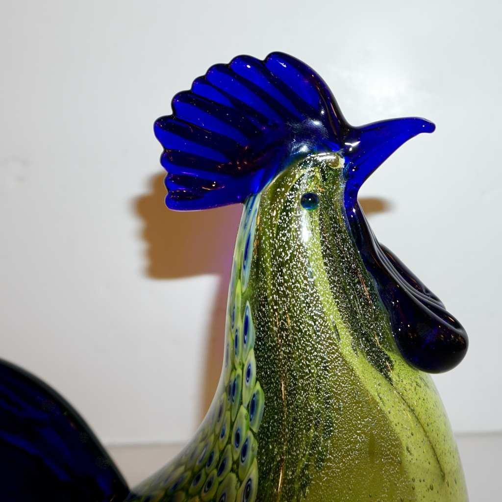 1980s Pair of Italian Vintage Silver Navy Blue Green Murano Glass Hen Sculpture For Sale 6