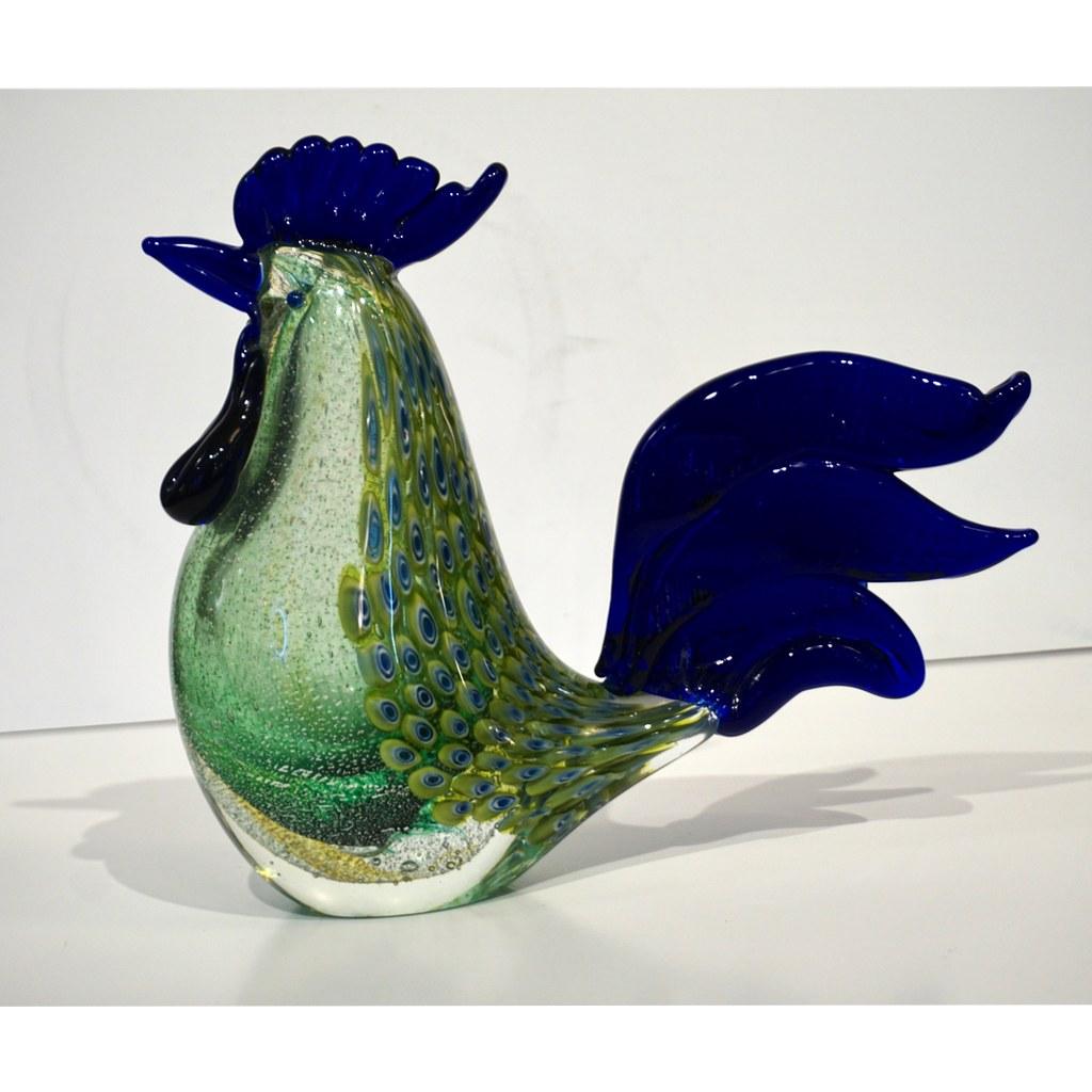 1980s Pair of Italian Vintage Silver Navy Blue Green Murano Glass Hen Sculpture For Sale 2