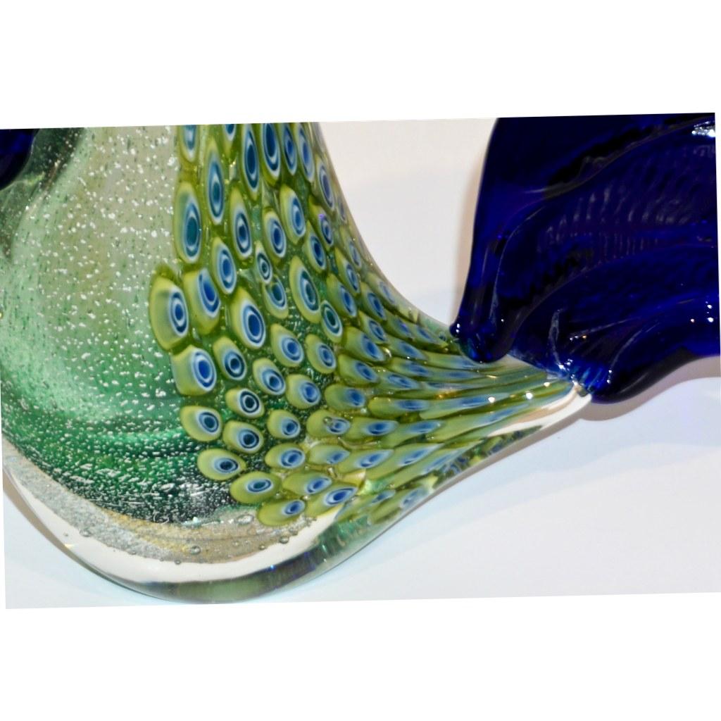 1980s Pair of Italian Vintage Silver Navy Blue Green Murano Glass Hen Sculpture For Sale 3