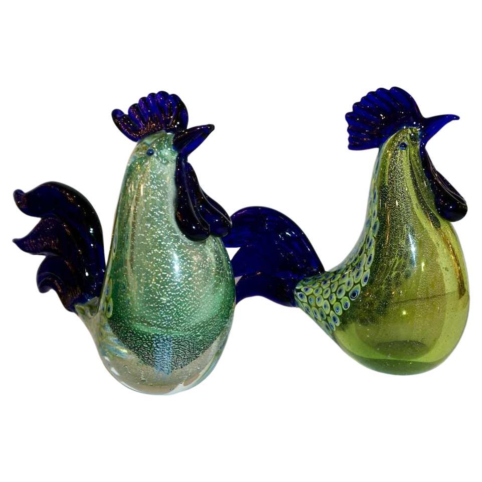 Paire de sculptures italiennes vintage en verre de Murano bleu marine et vert argenté en forme de poule, années 1980 en vente