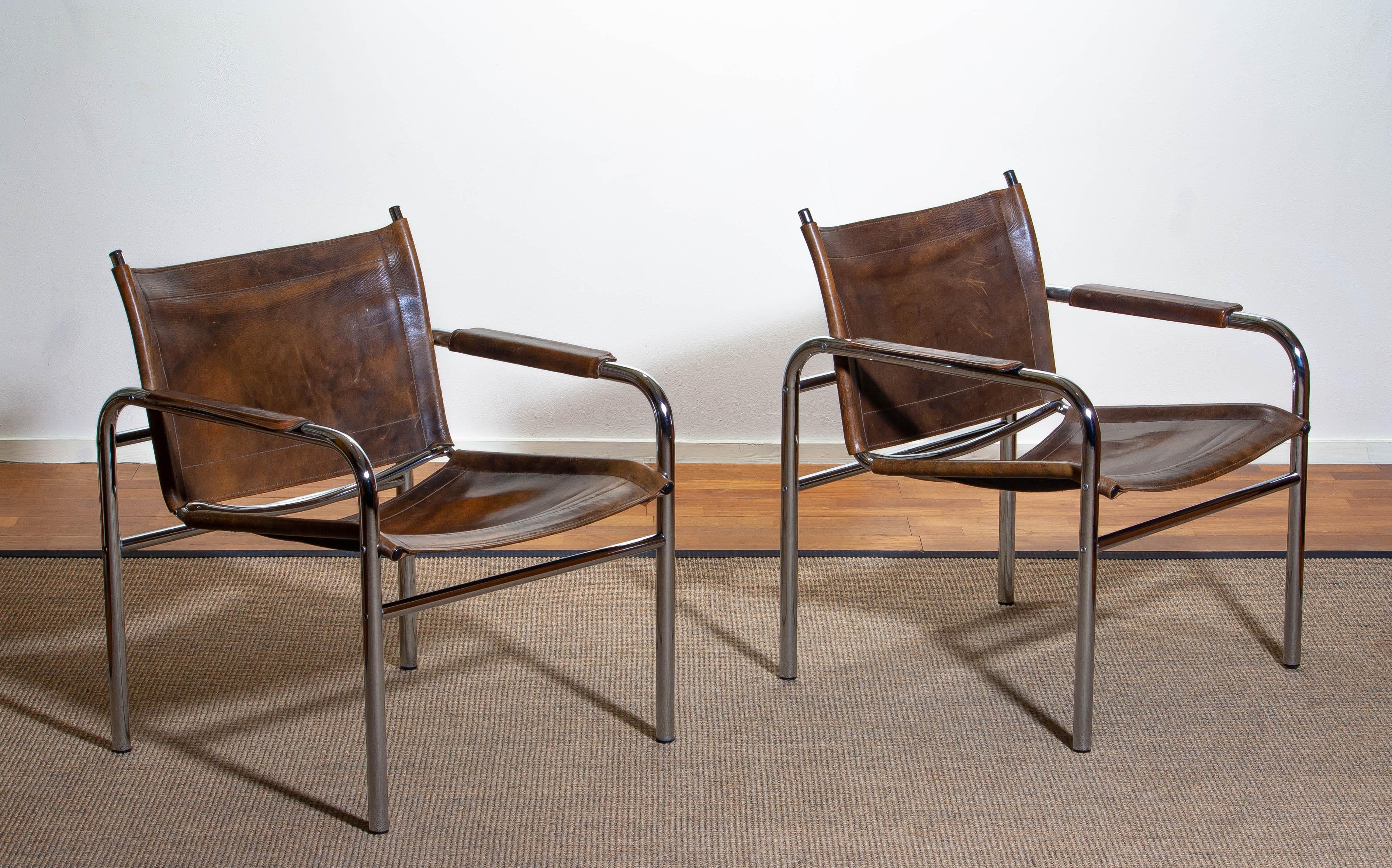 1980s, Pair of Leather and Tubular Steel Armchairs by Tord Bjorklund, Sweden  3