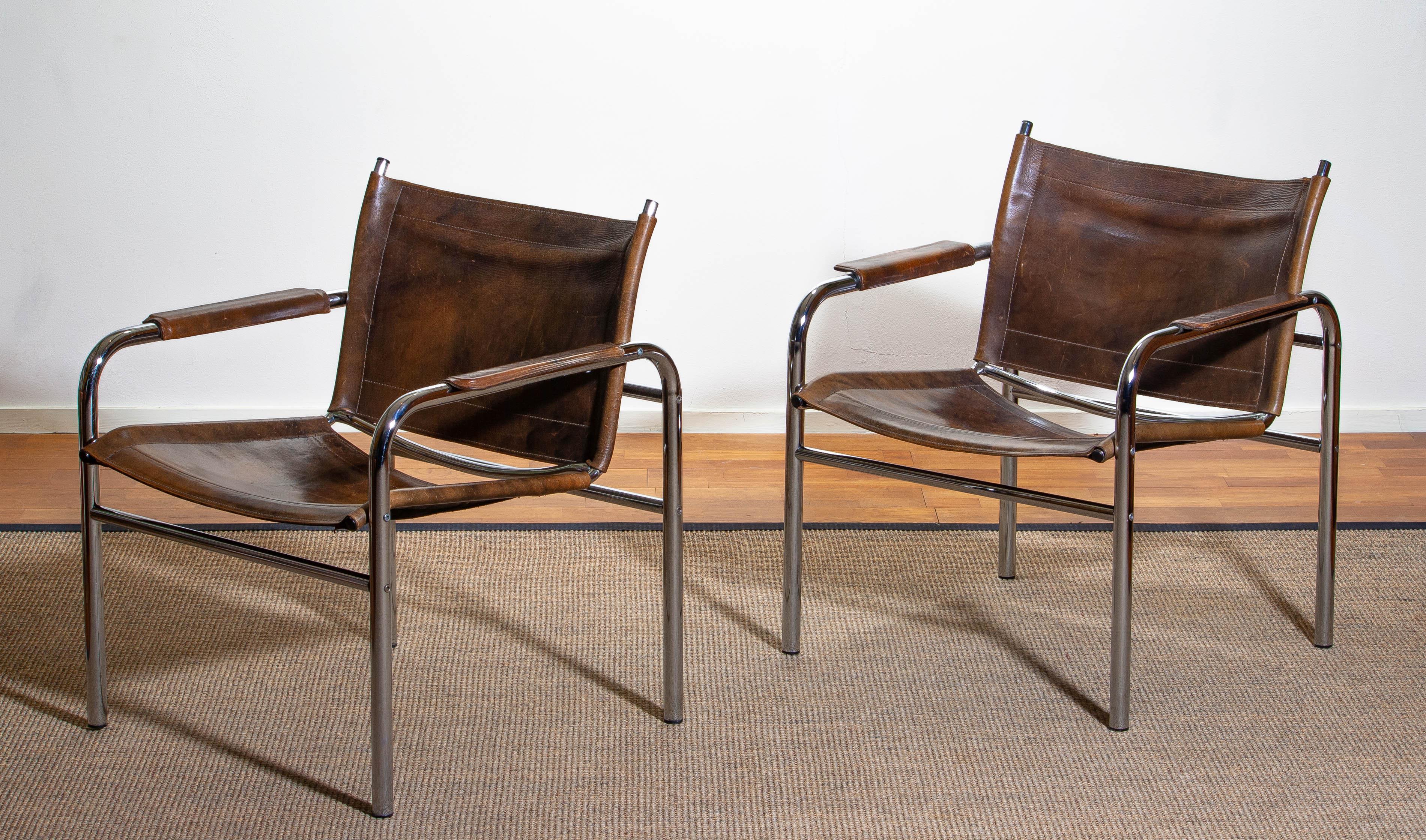 1980s, Pair of Leather and Tubular Steel Armchairs by Tord Bjorklund, Sweden  4
