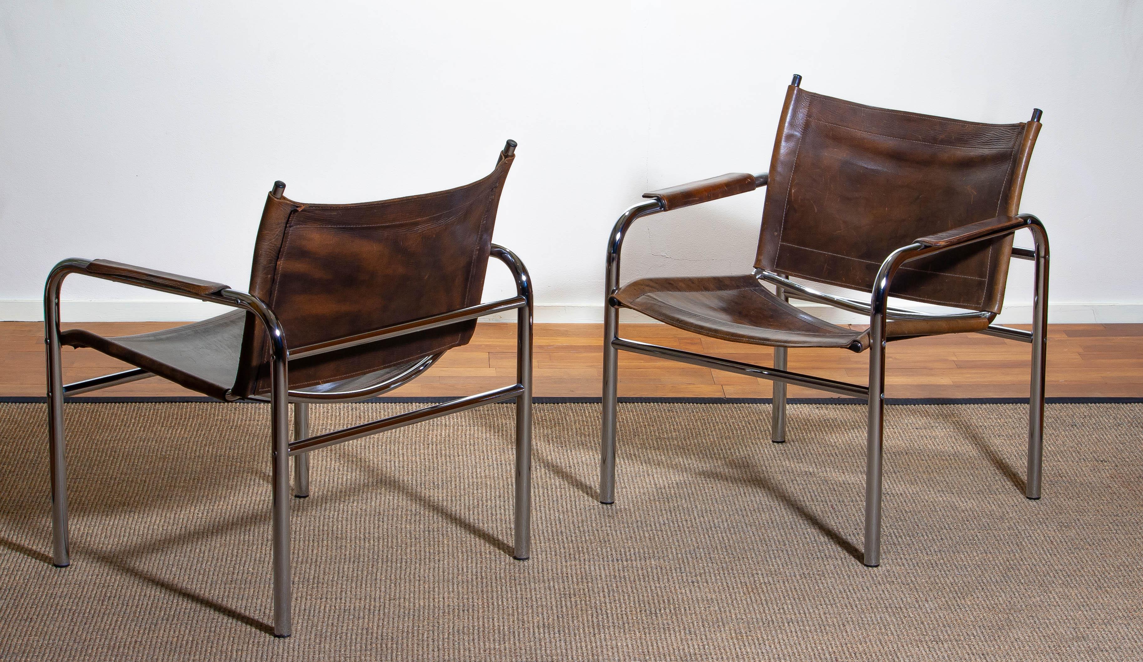 Late 20th Century 1980s, Pair of Leather and Tubular Steel Armchairs by Tord Bjorklund, Sweden 