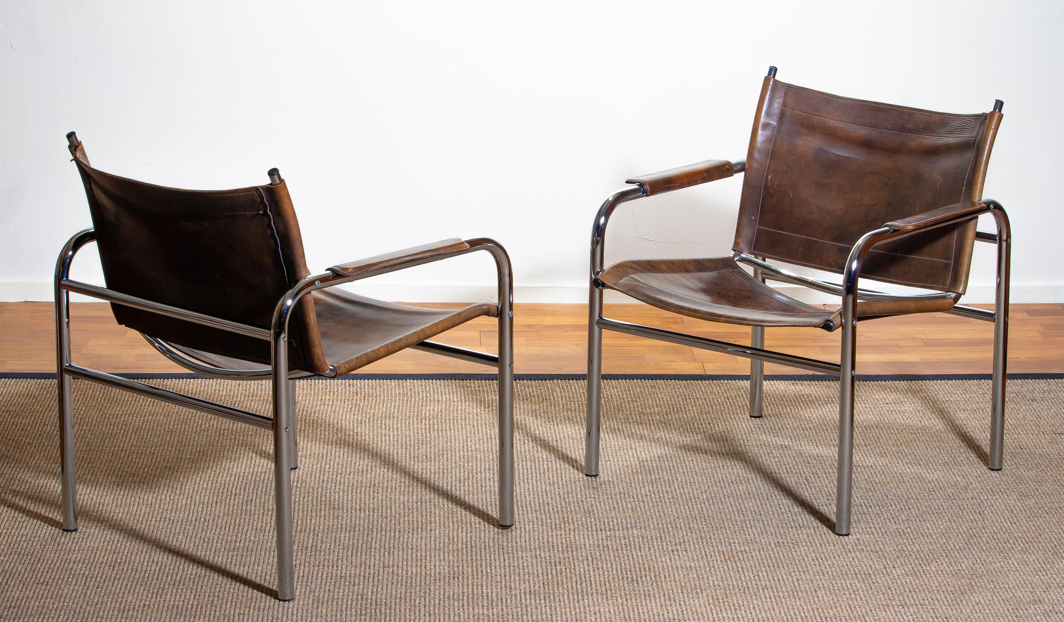 Metal 1980s, Pair of Leather and Tubular Steel Armchairs by Tord Bjorklund, Sweden 