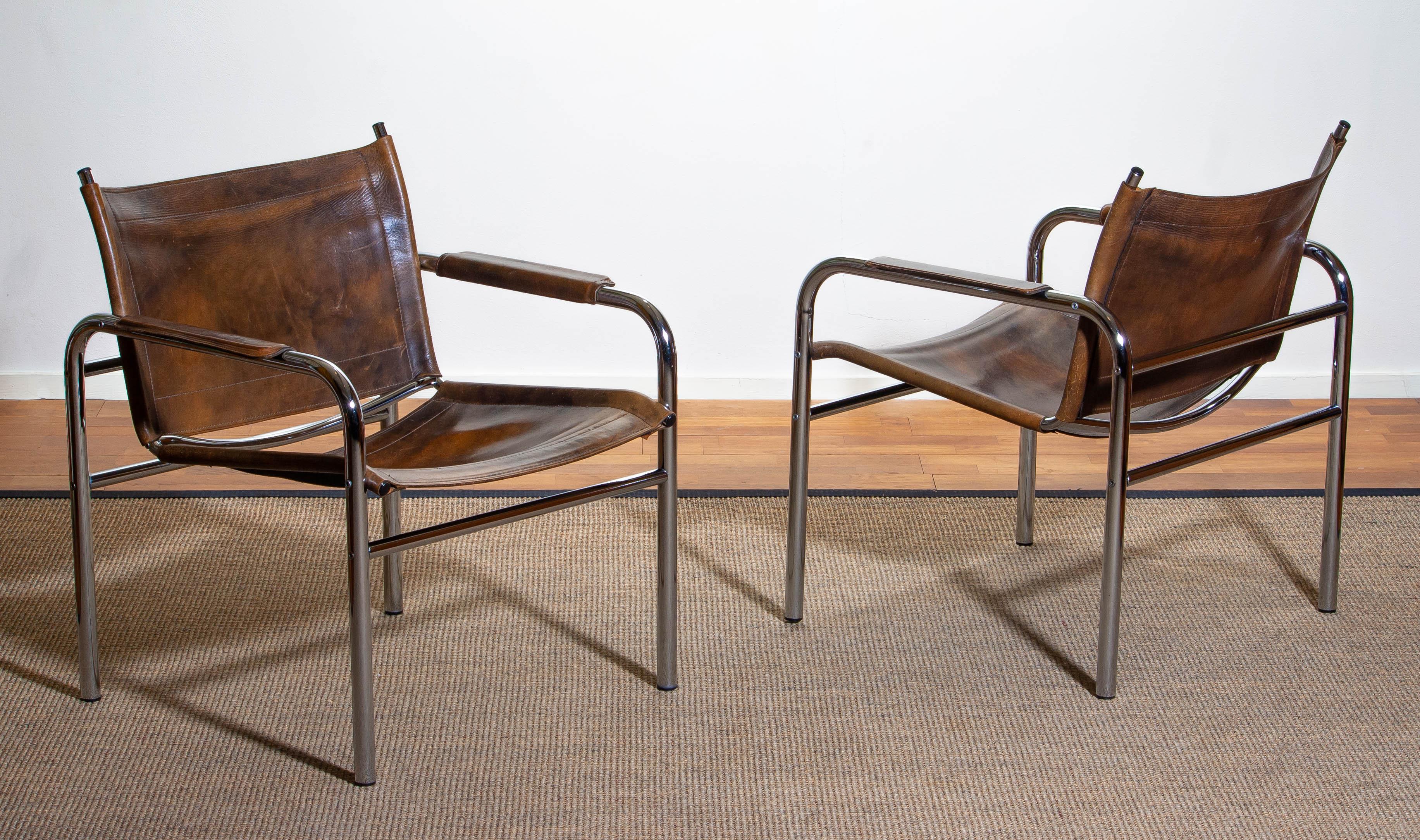 1980s, Pair of Leather and Tubular Steel Armchairs by Tord Bjorklund, Sweden  1