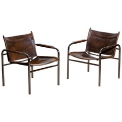 1980s, Pair of Leather and Tubular Steel Armchairs by Tord Bjorklund, Sweden 
