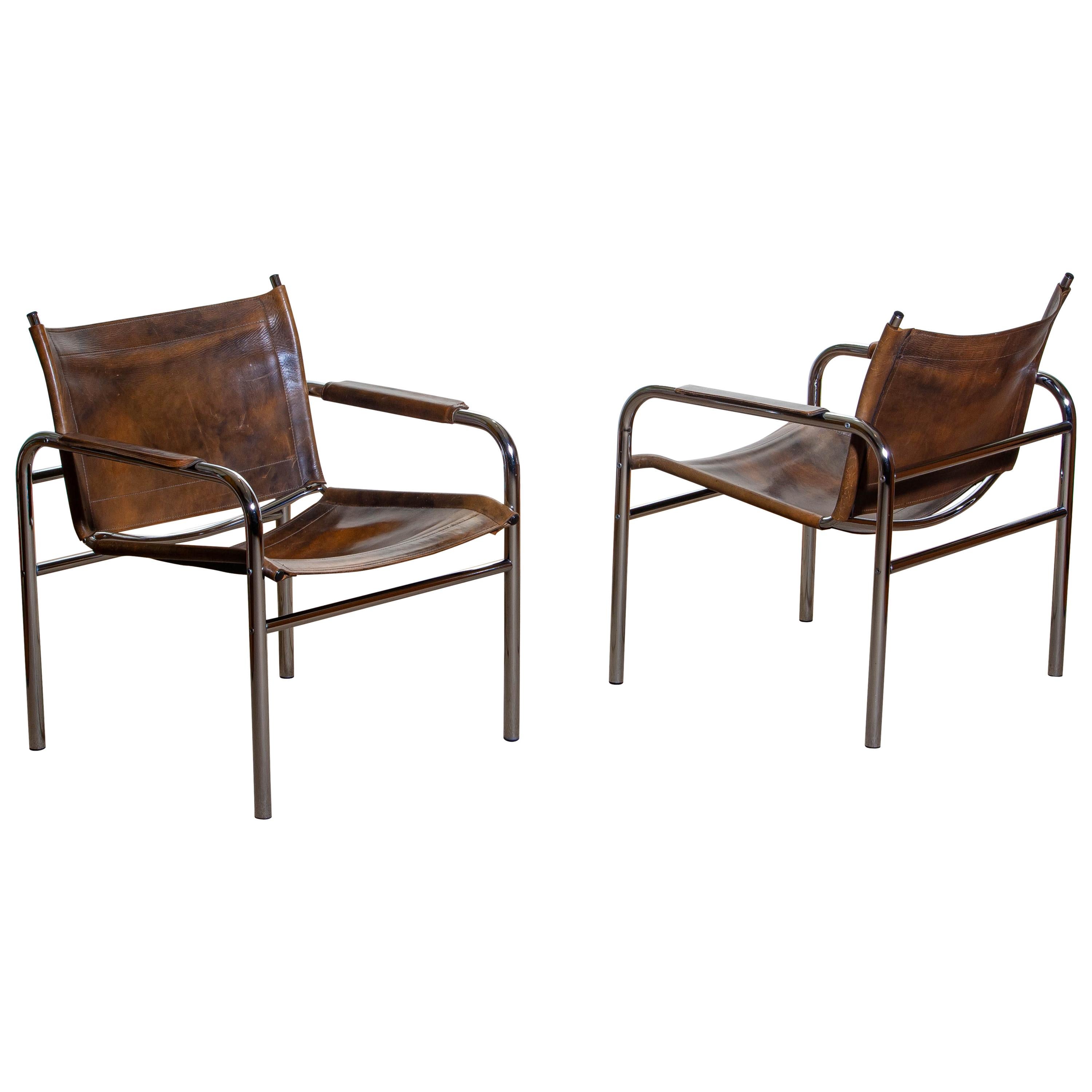 1980s, Pair of Leather and Tubular Steel Armchairs by Tord Bjorklund, Sweden 4