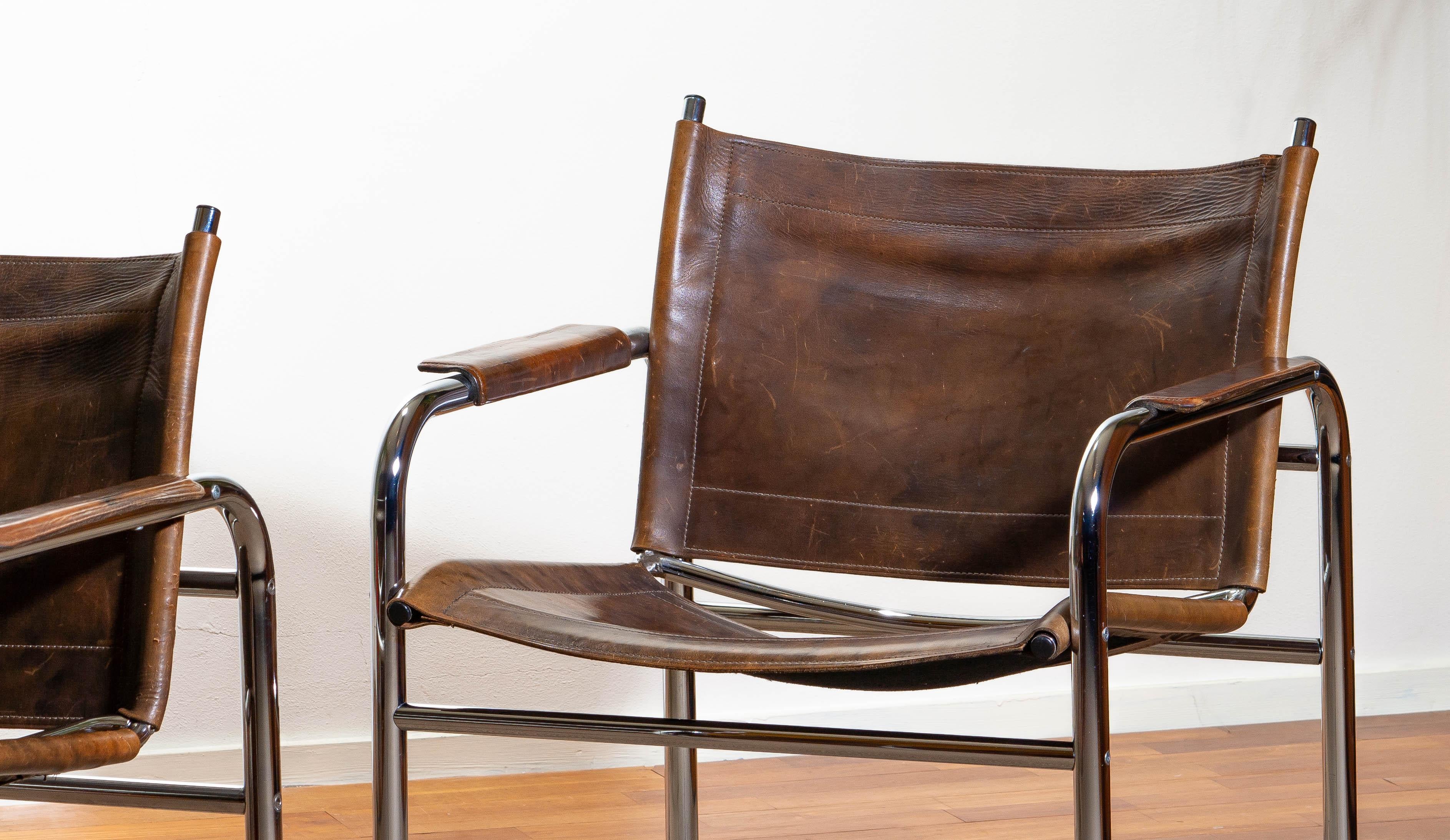 1980s, Pair of Leather and Tubular Steel Armchairs by Tord Bjorklund, Sweden 4