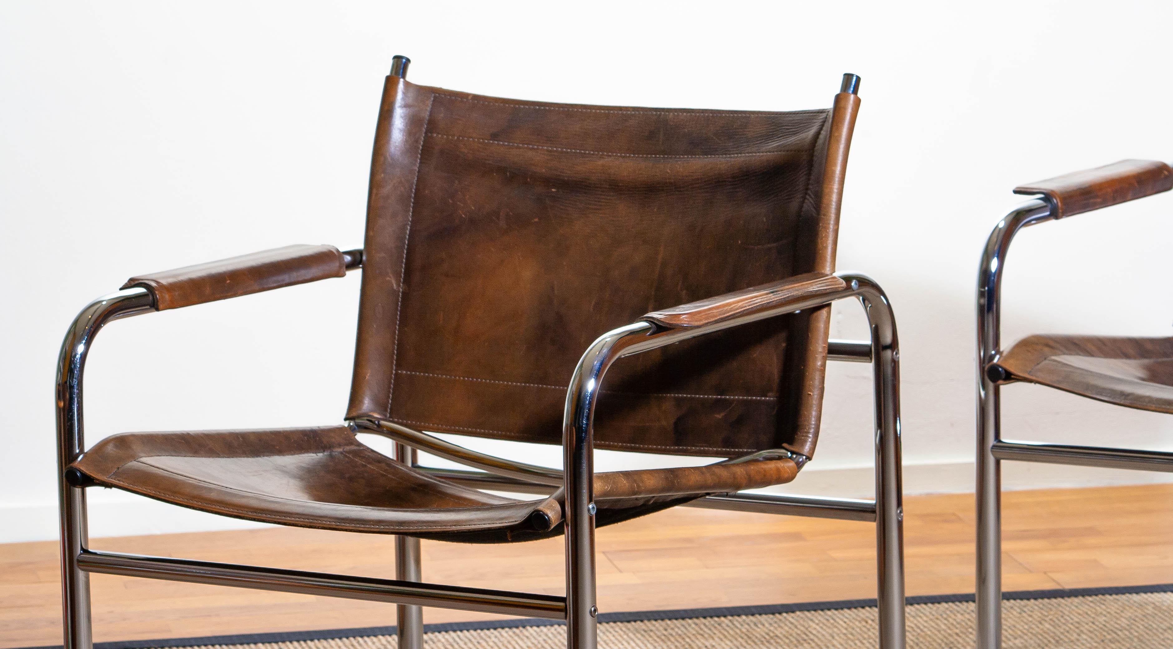 1980s, Pair of Leather and Tubular Steel Armchairs by Tord Bjorklund, Sweden 5