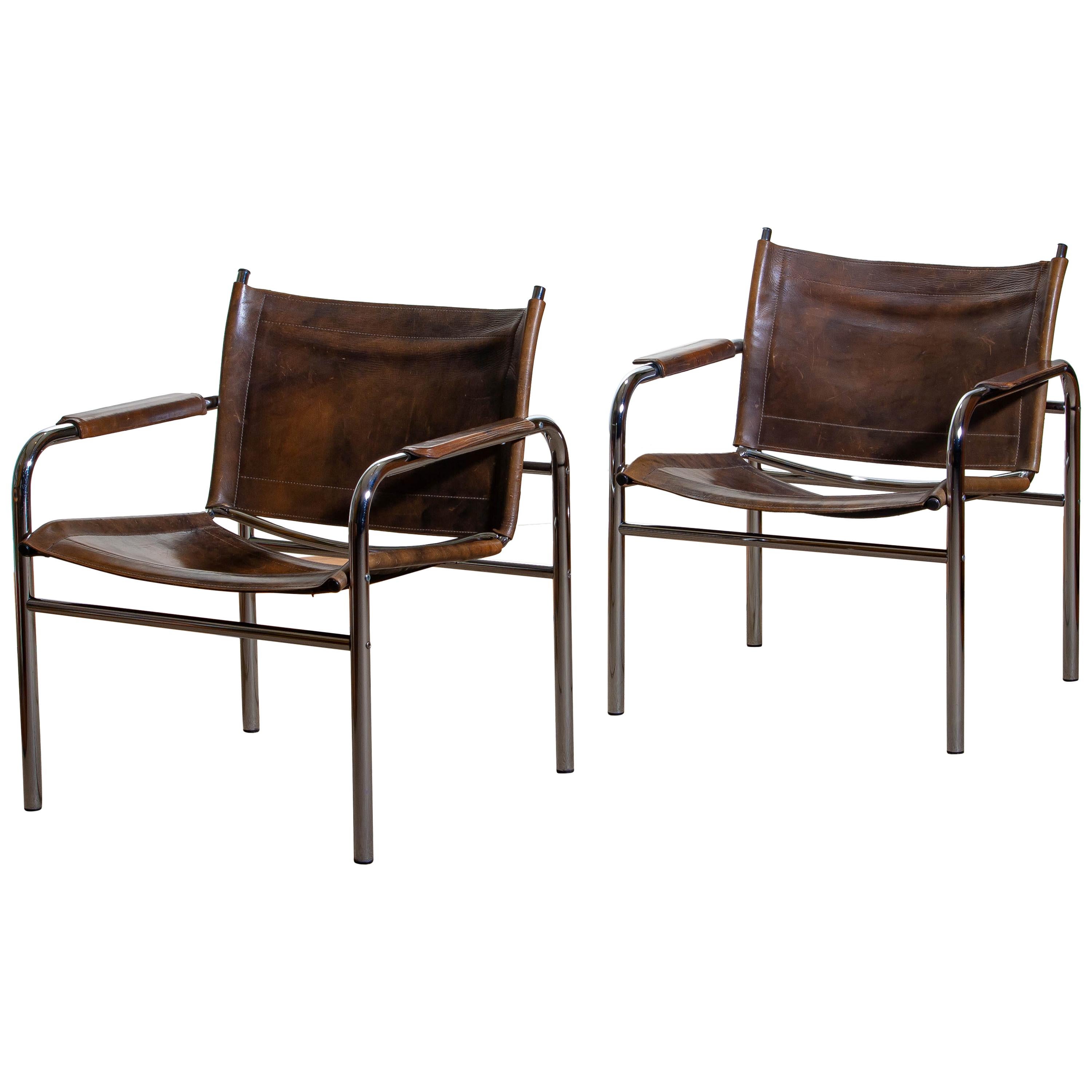 1980s, Pair of Leather and Tubular Steel Armchairs by Tord Bjorklund, Sweden 7