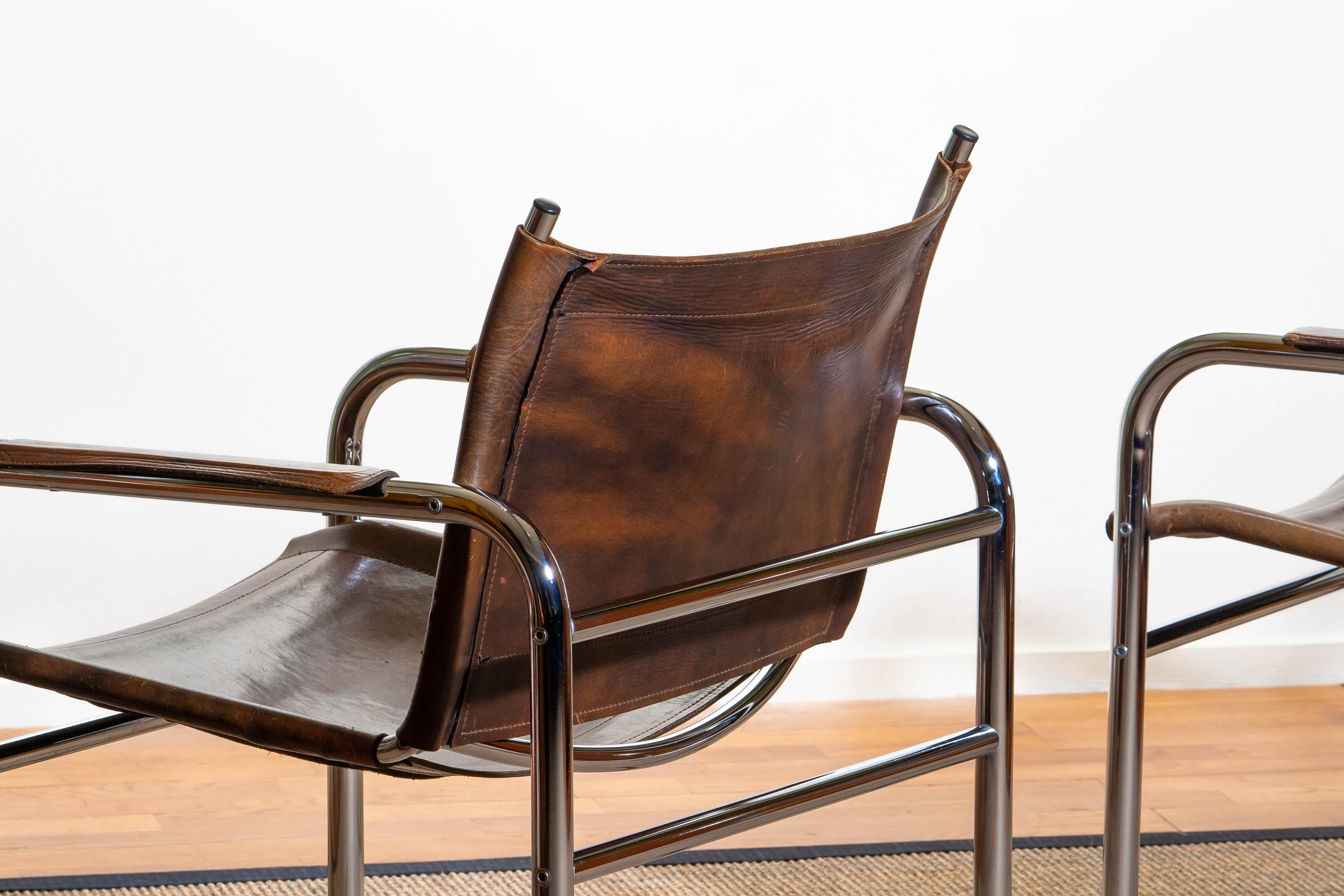 1980s, Pair of Leather and Tubular Steel Armchairs by Tord Björklund, Sweden 8