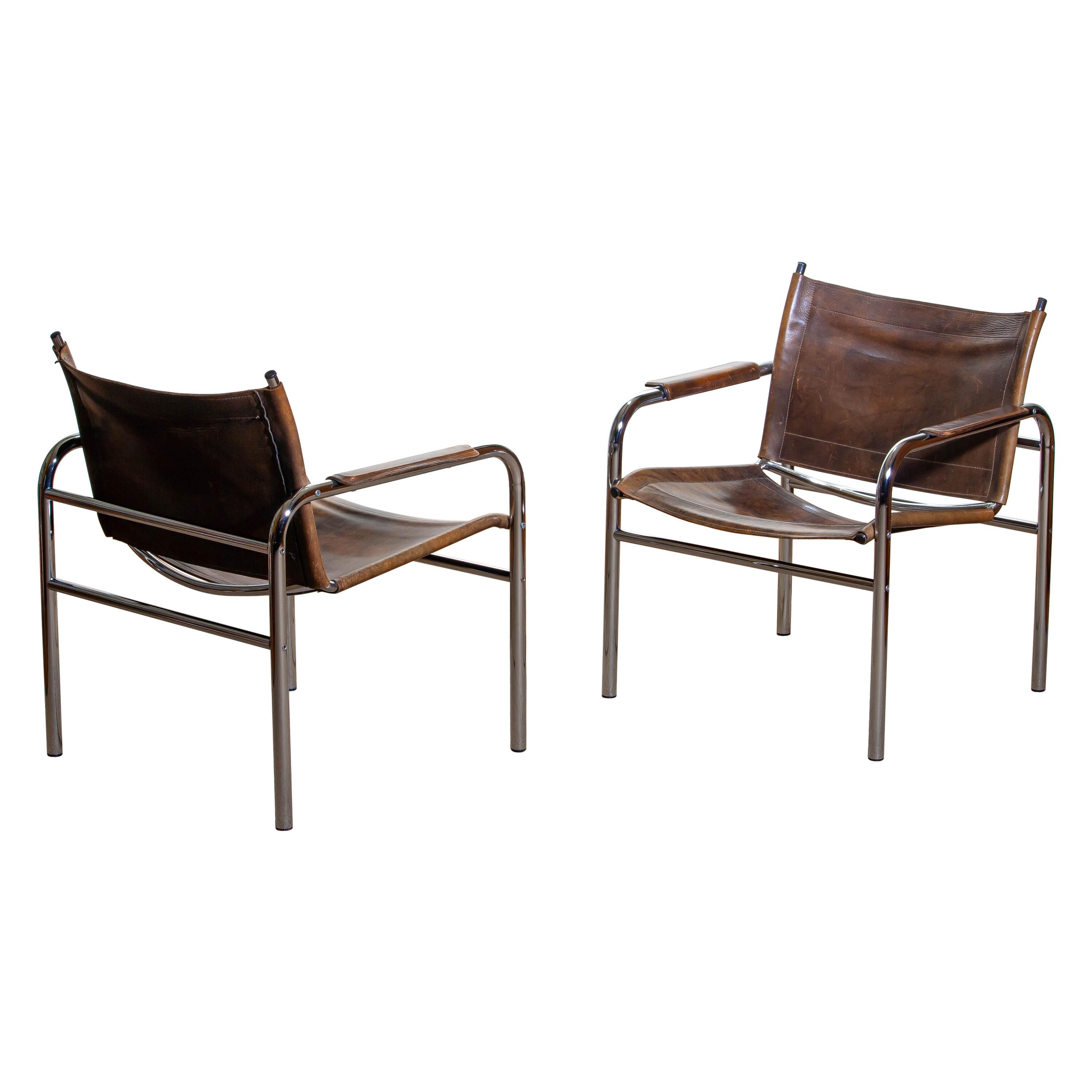 1980s, Pair of Leather and Tubular Steel Armchairs by Tord Bjorklund, Sweden 8