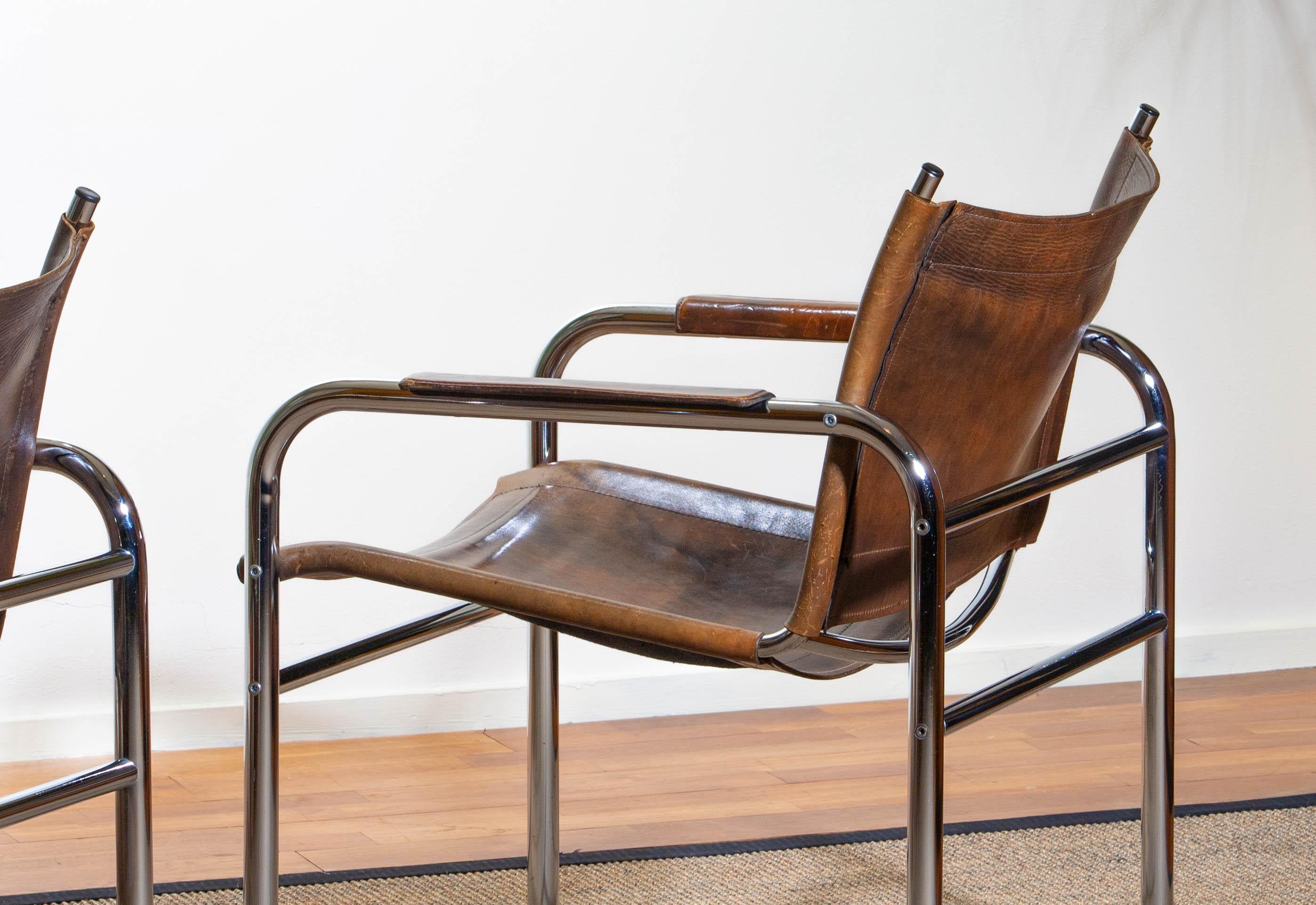 1980s, Pair of Leather and Tubular Steel Armchairs by Tord Björklund, Sweden 9