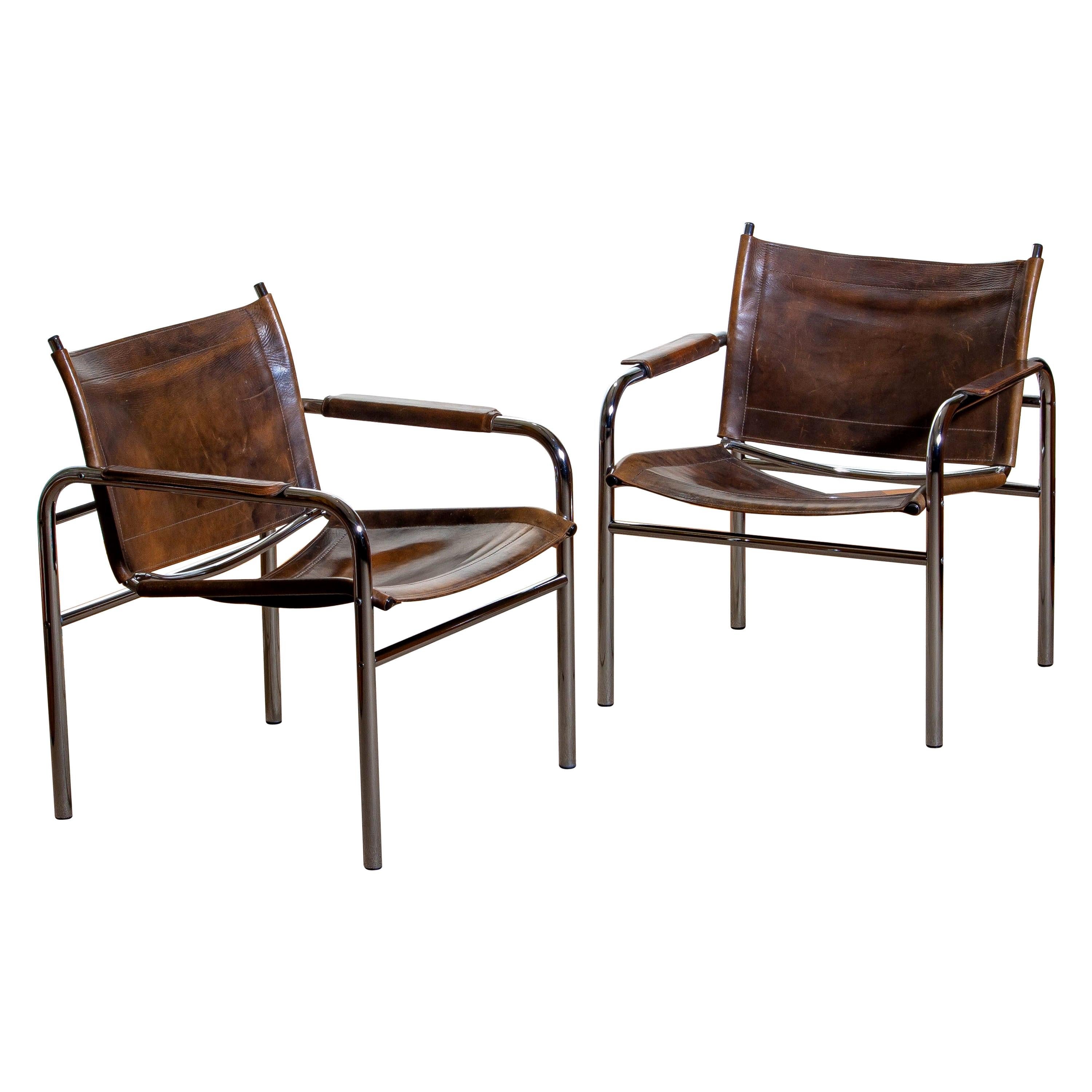 1980s, Pair of Leather and Tubular Steel Armchairs by Tord Bjorklund, Sweden 10