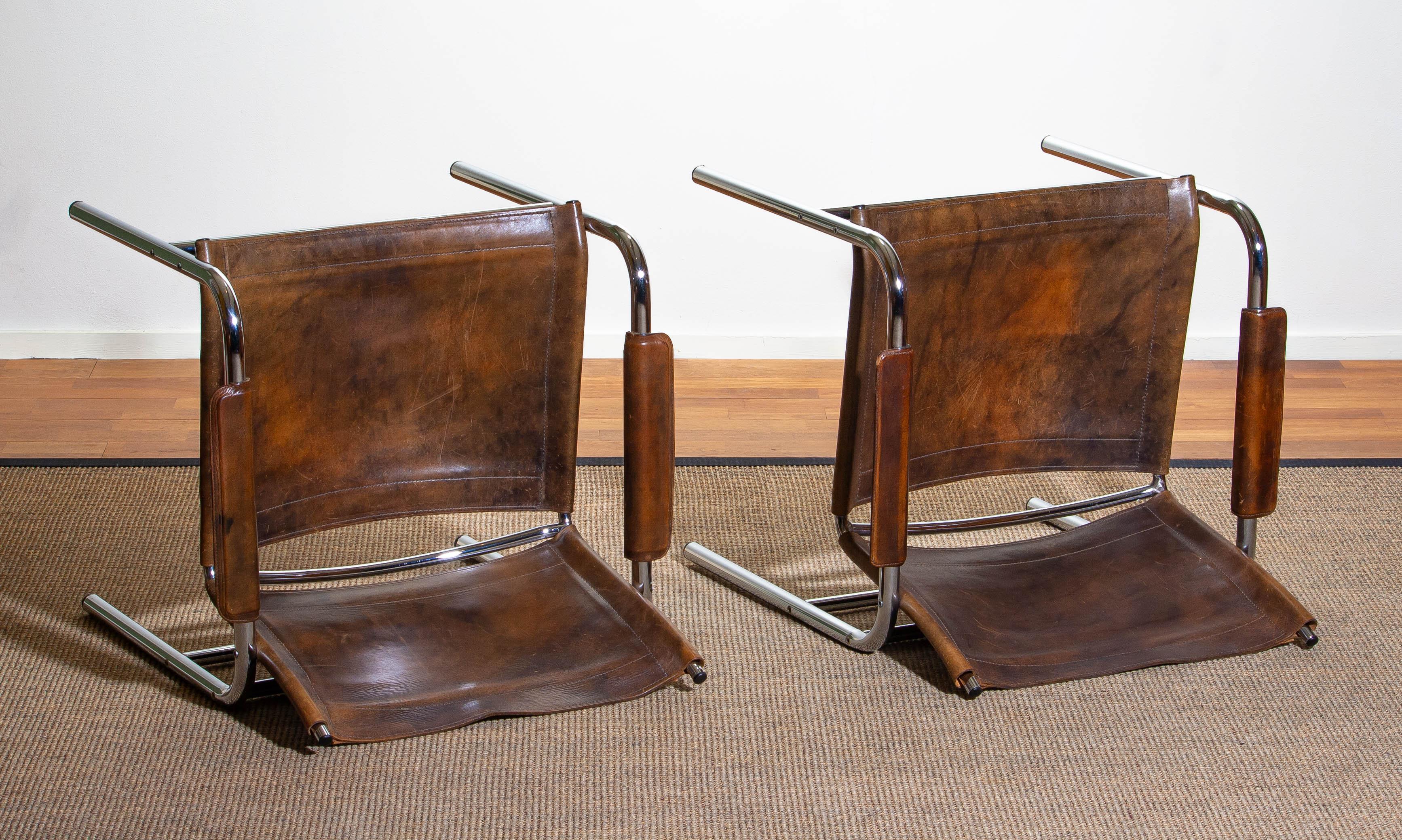 1980s, Pair of Leather and Tubular Steel Armchairs by Tord Björklund, Sweden 11