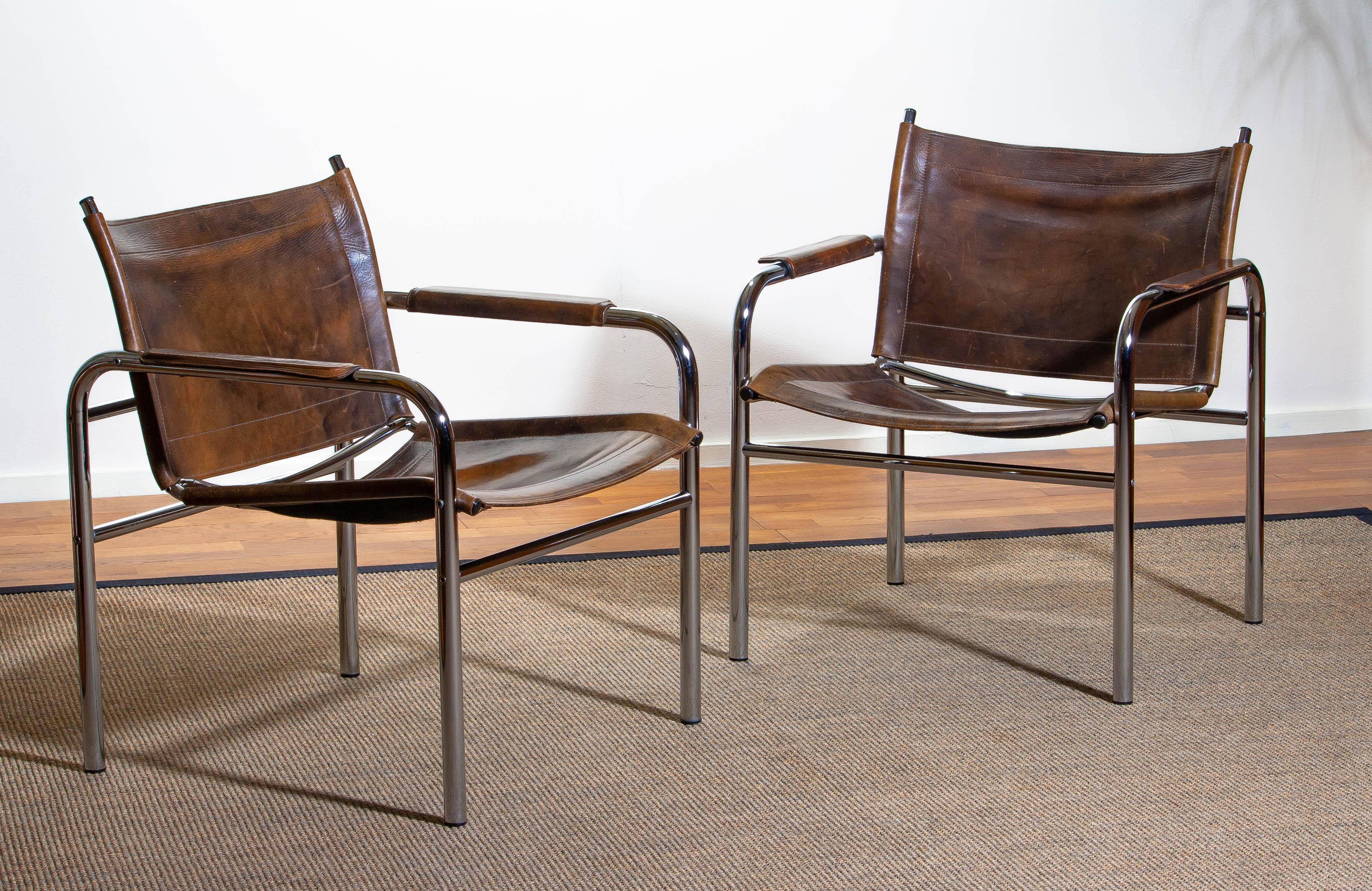 Mid-Century Modern 1980s, Pair of Leather and Tubular Steel Armchairs by Tord Björklund, Sweden