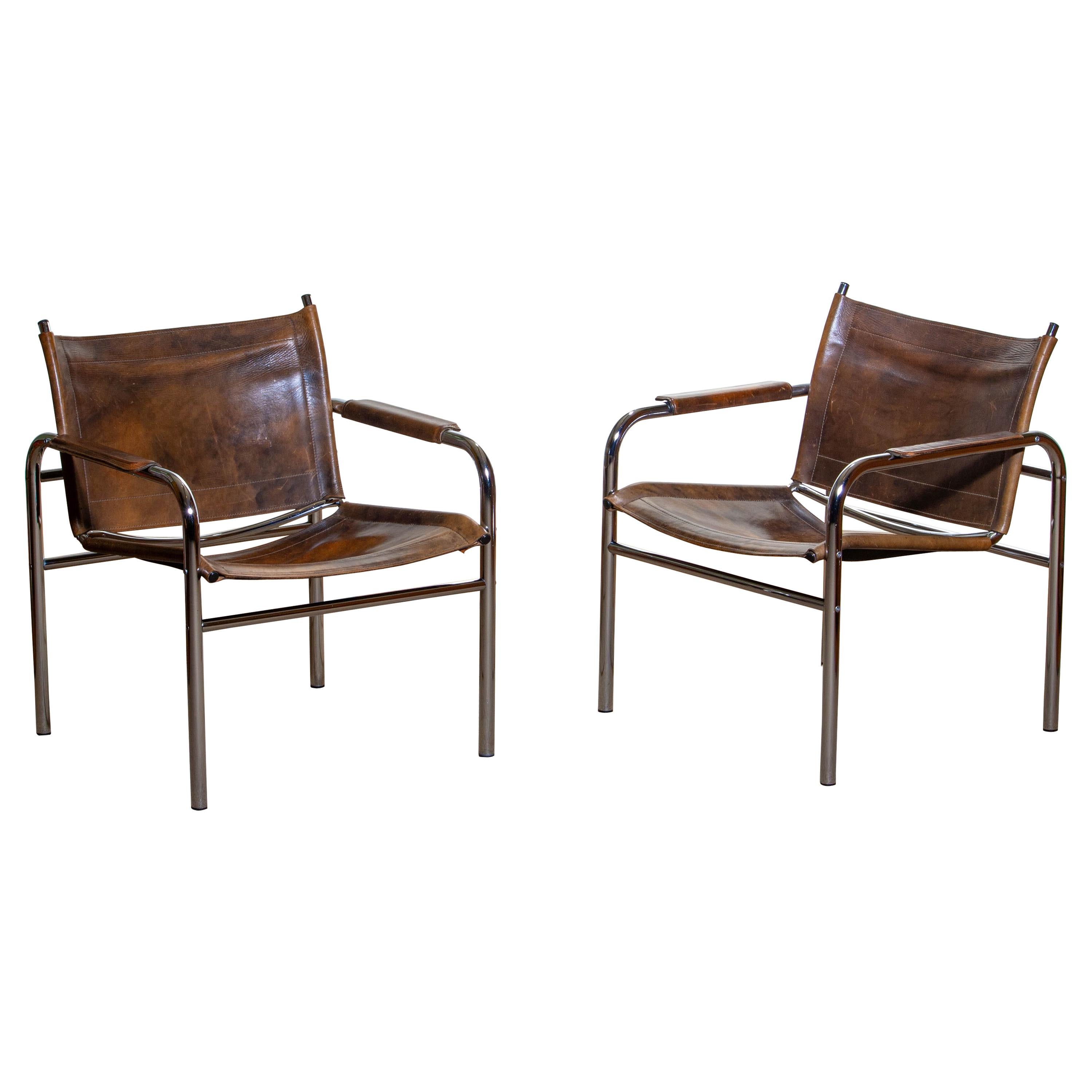 Mid-Century Modern 1980s, Pair of Leather and Tubular Steel Armchairs by Tord Björklund, Sweden