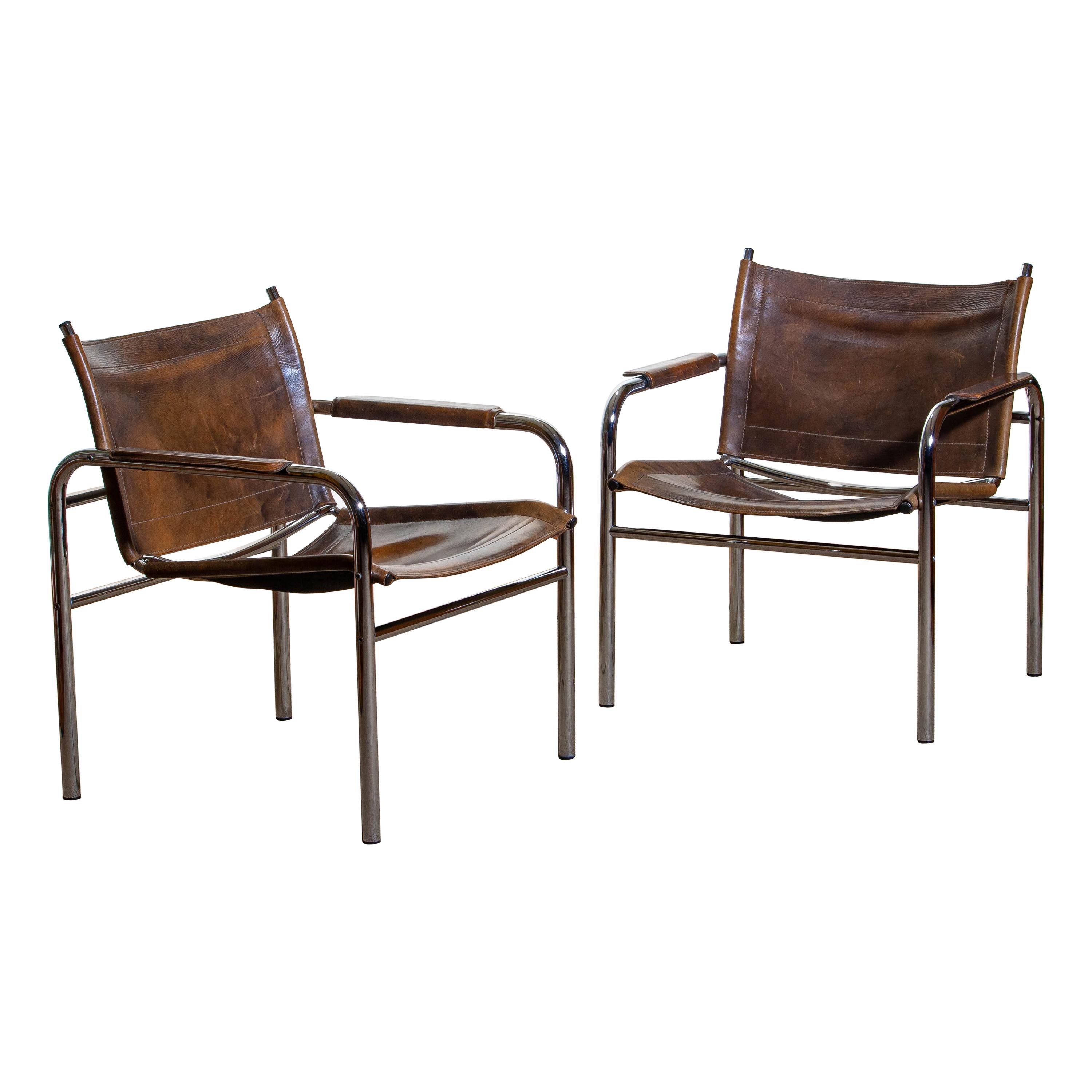 Mid-Century Modern 1980s, Pair of Leather and Tubular Steel Armchairs by Tord Bjorklund, Sweden