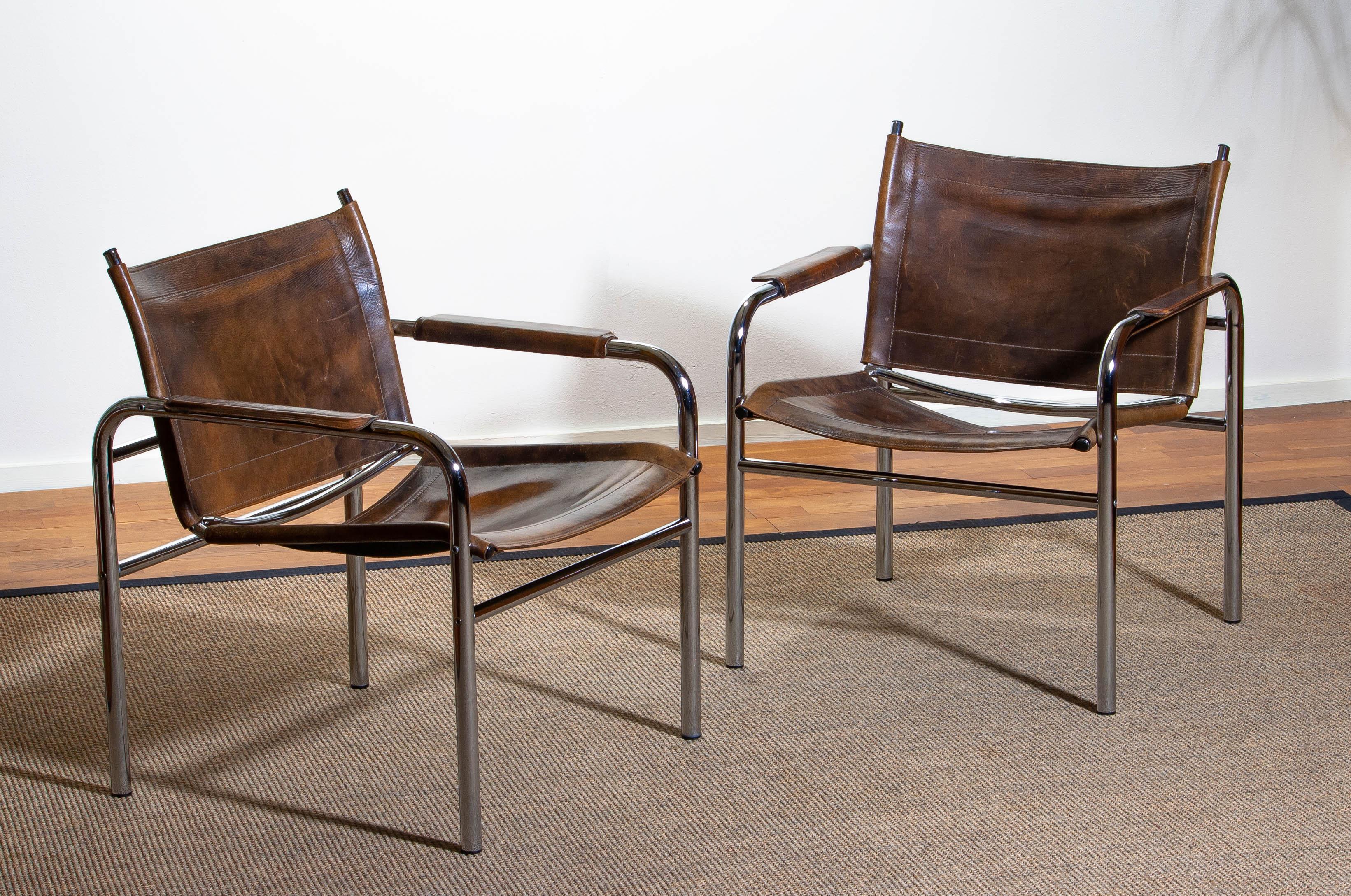 Scandinavian Modern 1980s, Pair of Leather and Tubular Steel Armchairs by Tord Bjorklund, Sweden