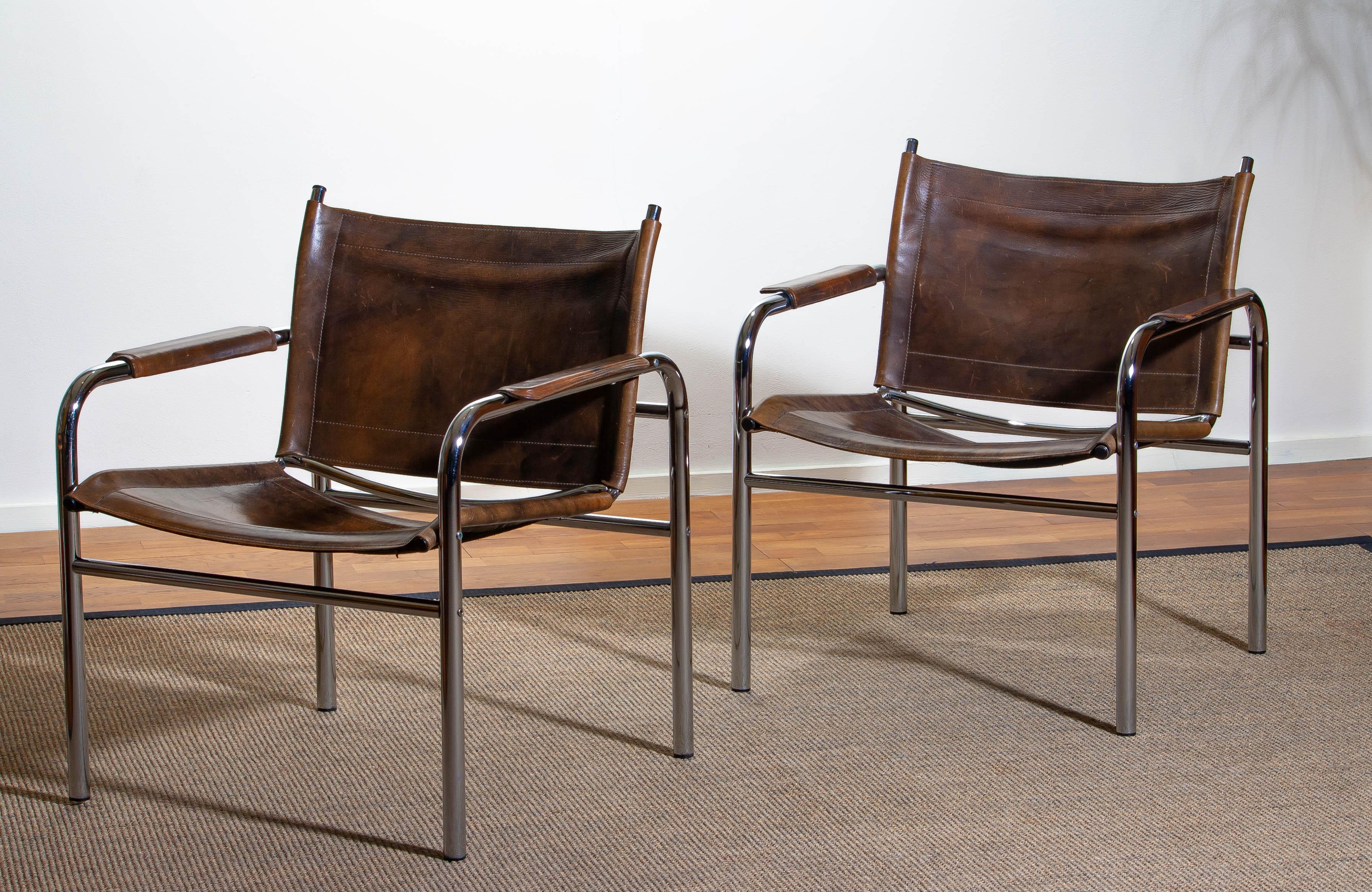Swedish 1980s, Pair of Leather and Tubular Steel Armchairs by Tord Björklund, Sweden