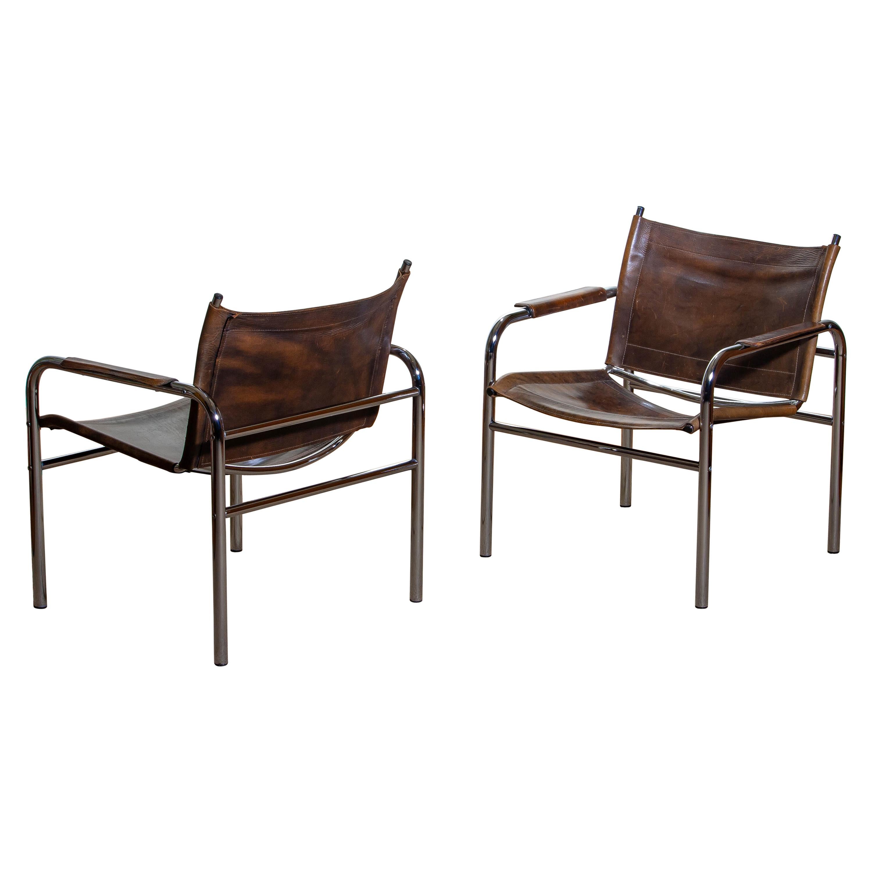 Swedish 1980s, Pair of Leather and Tubular Steel Armchairs by Tord Bjorklund, Sweden