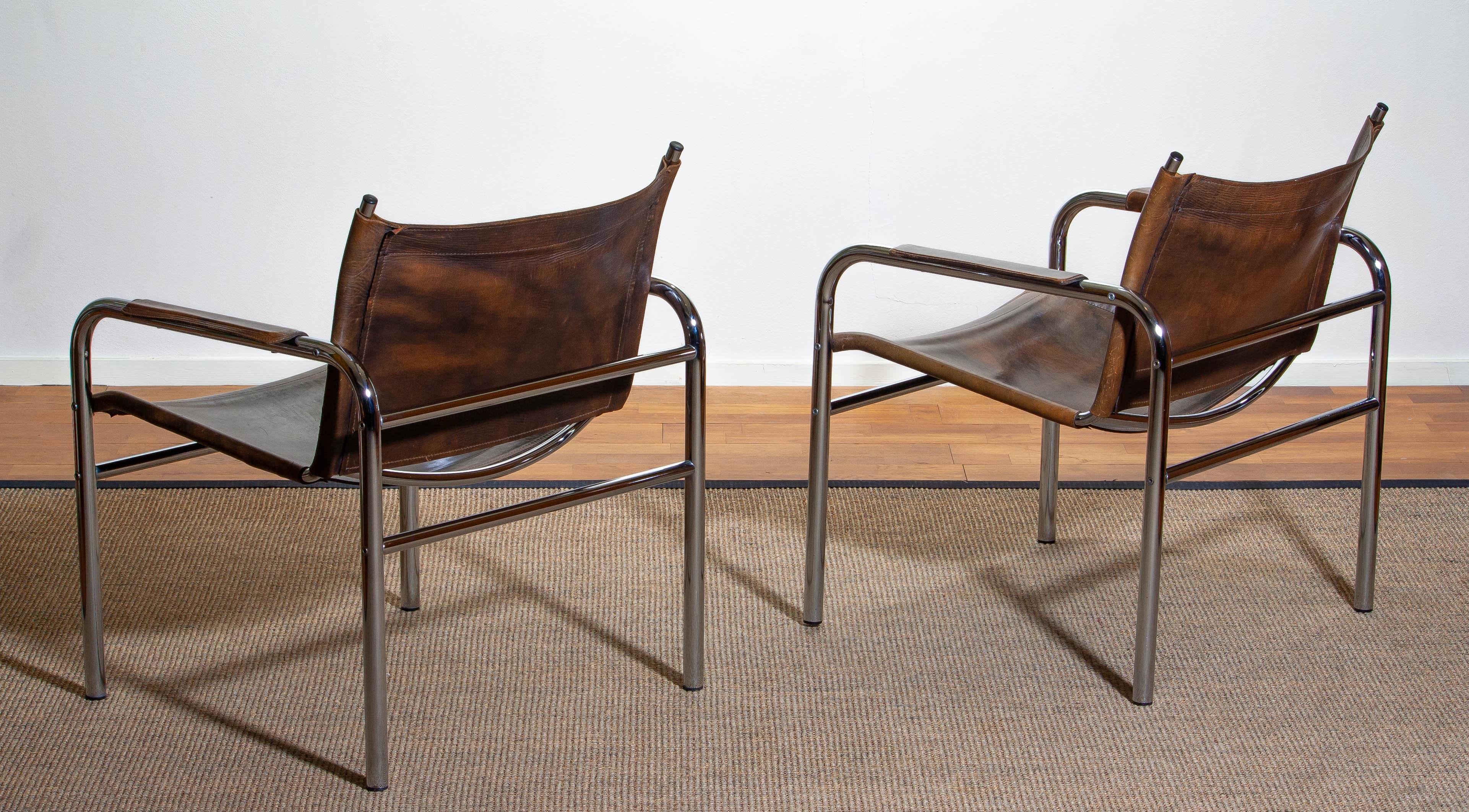 Swedish 1980s, Pair of Leather and Tubular Steel Armchairs by Tord Bjorklund, Sweden