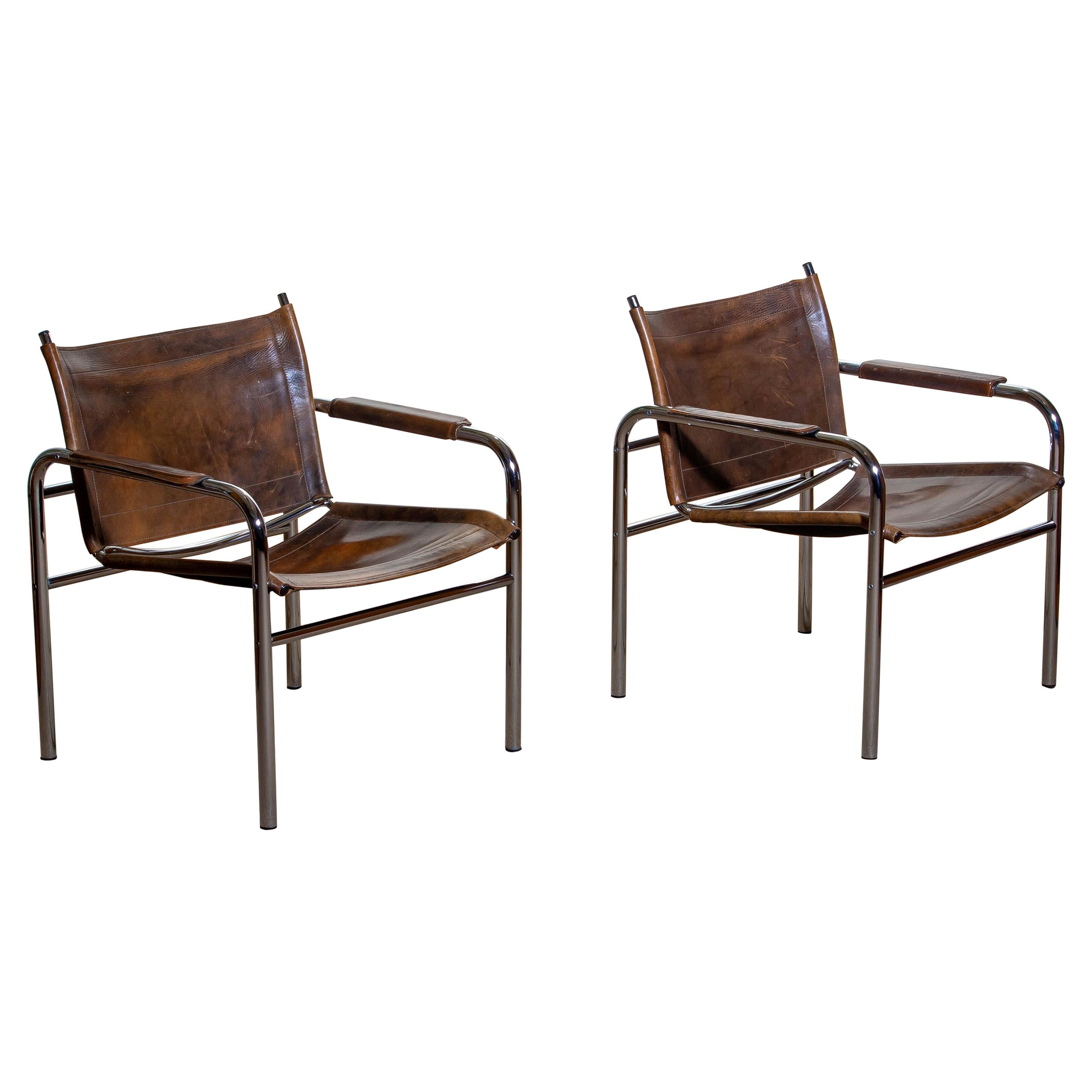 Swedish 1980s, Pair of Leather and Tubular Steel Armchairs by Tord Bjorklund, Sweden