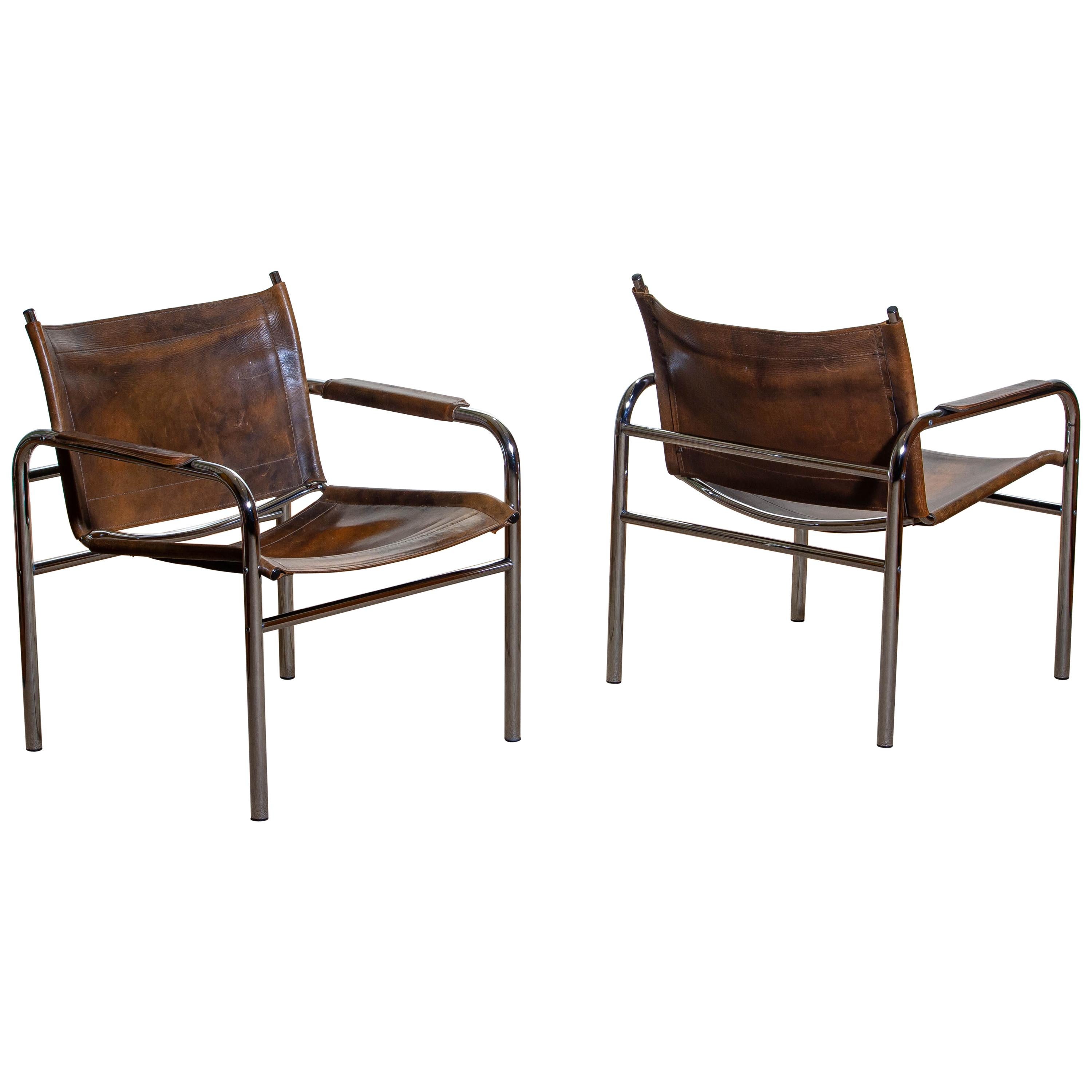 1980s, Pair of Leather and Tubular Steel Armchairs by Tord Björklund, Sweden In Good Condition In Silvolde, Gelderland