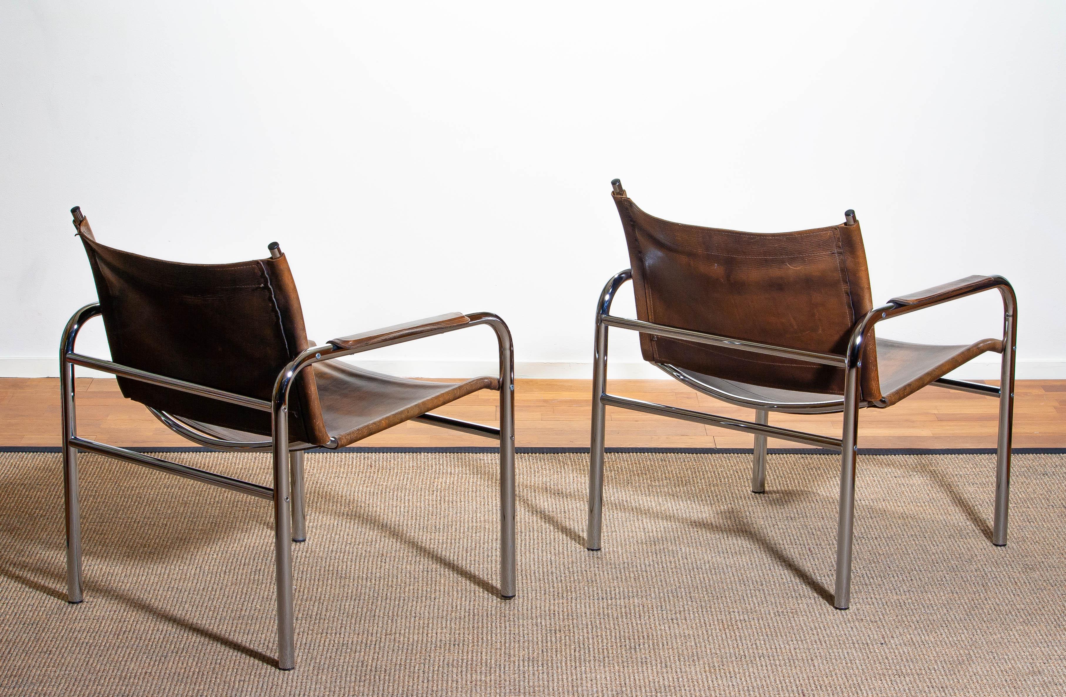 Late 20th Century 1980s, Pair of Leather and Tubular Steel Armchairs by Tord Bjorklund, Sweden
