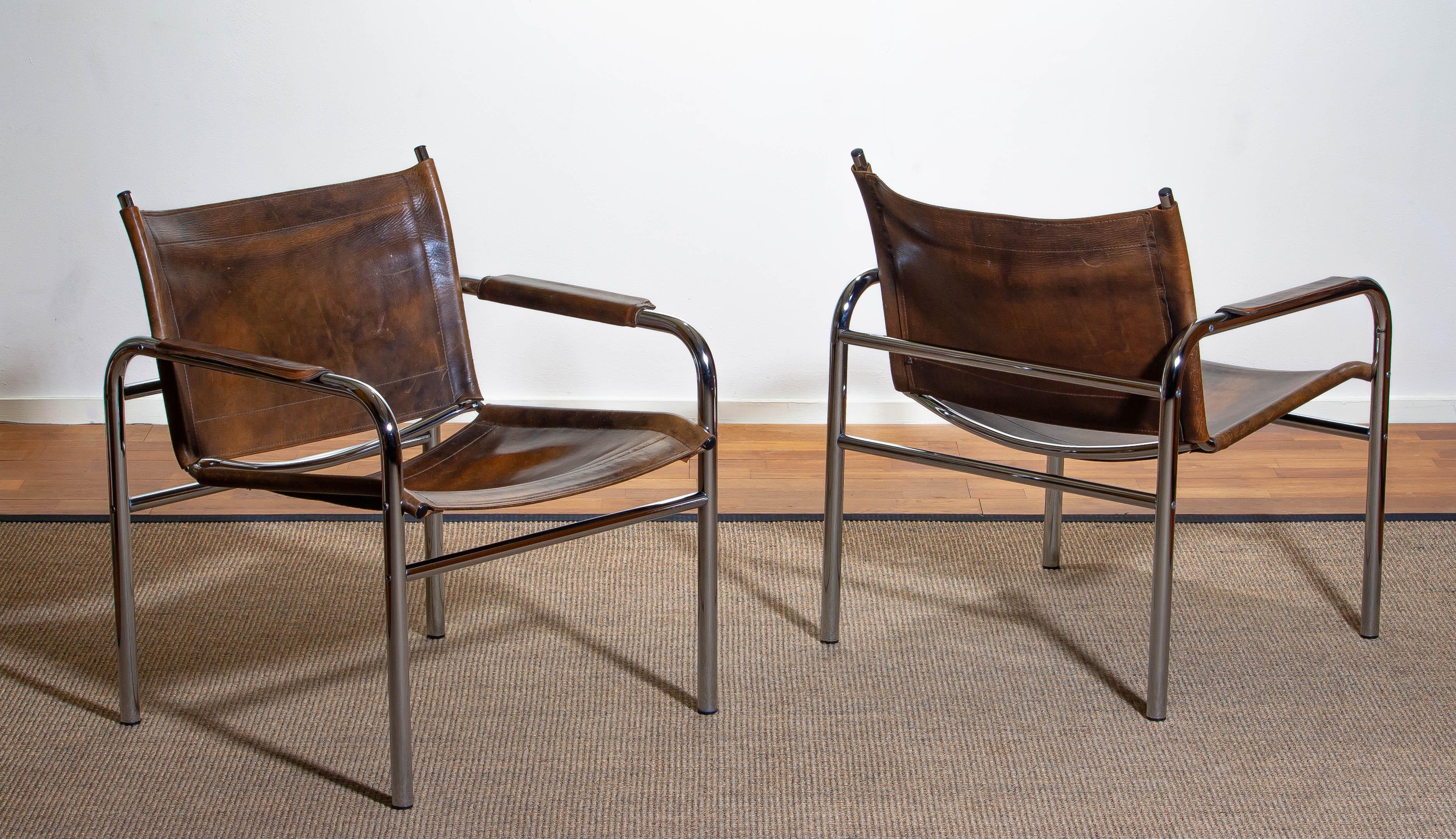1980s, Pair of Leather and Tubular Steel Armchairs by Tord Bjorklund, Sweden 1