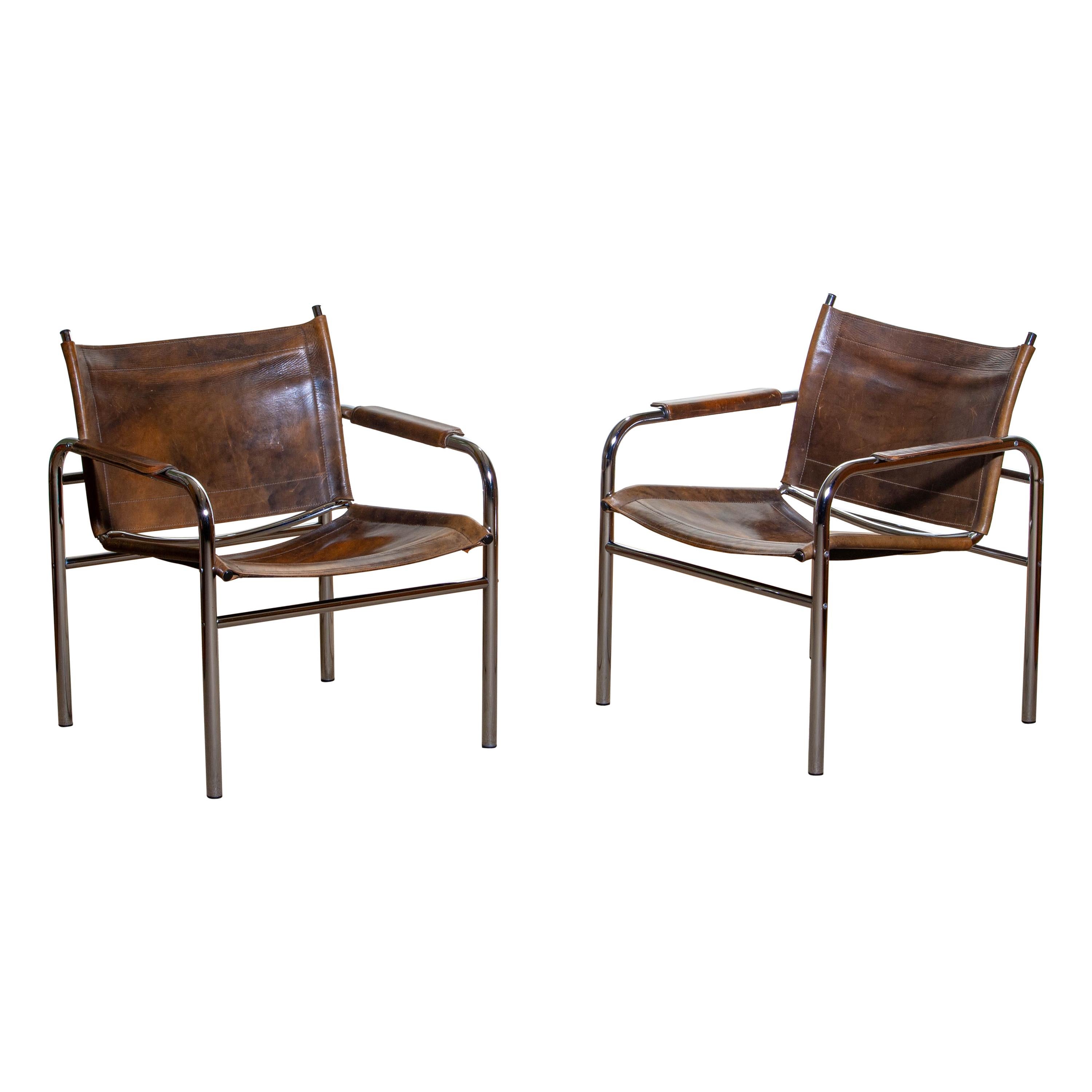 1980s, Pair of Leather and Tubular Steel Armchairs by Tord Bjorklund, Sweden 2