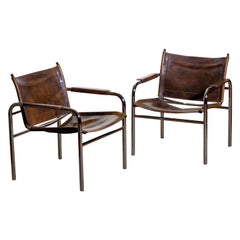 1980s, Pair of Leather and Tubular Steel Armchairs by Tord Björklund, Sweden