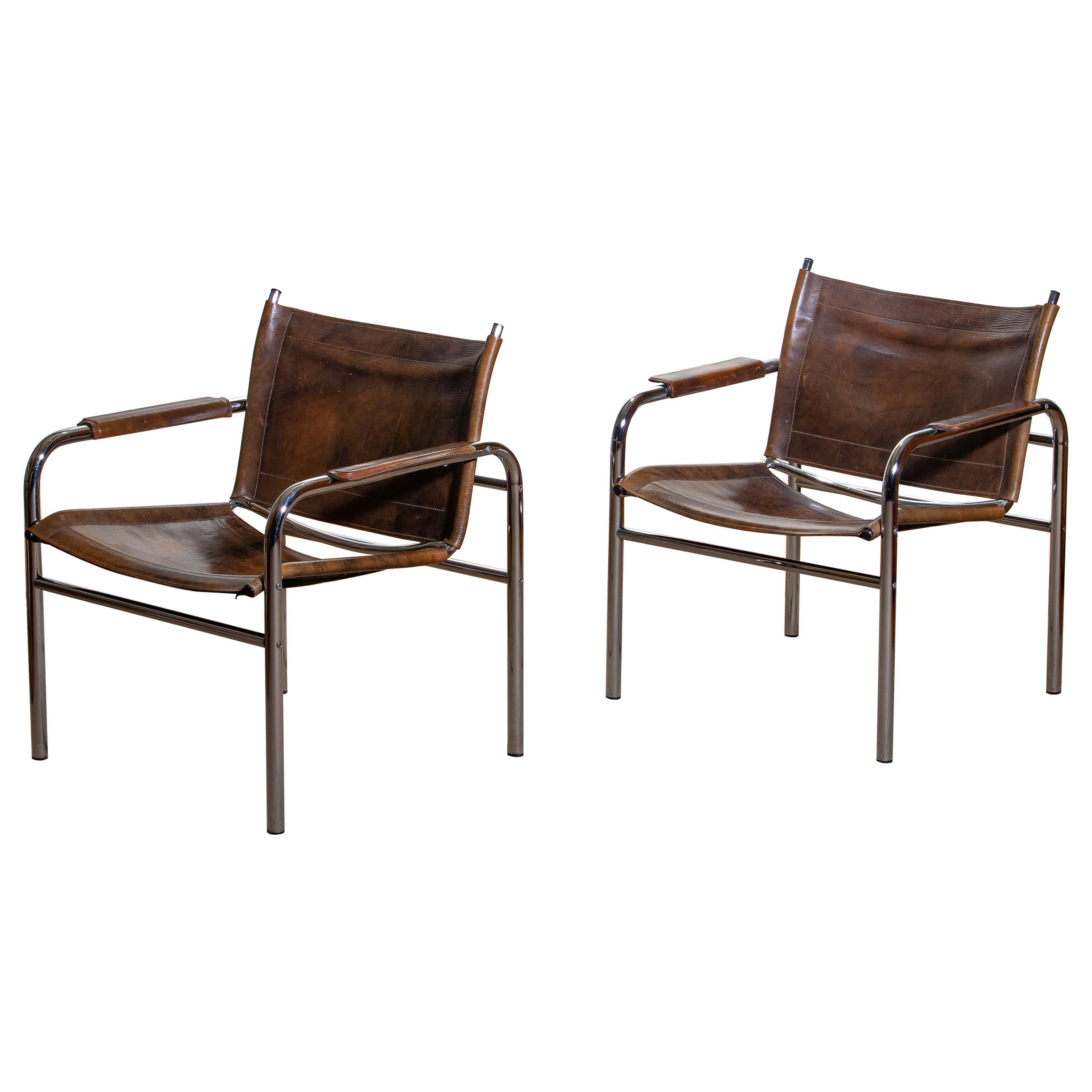 1980s, Pair of Leather and Tubular Steel Armchairs by Tord Bjorklund, Sweden