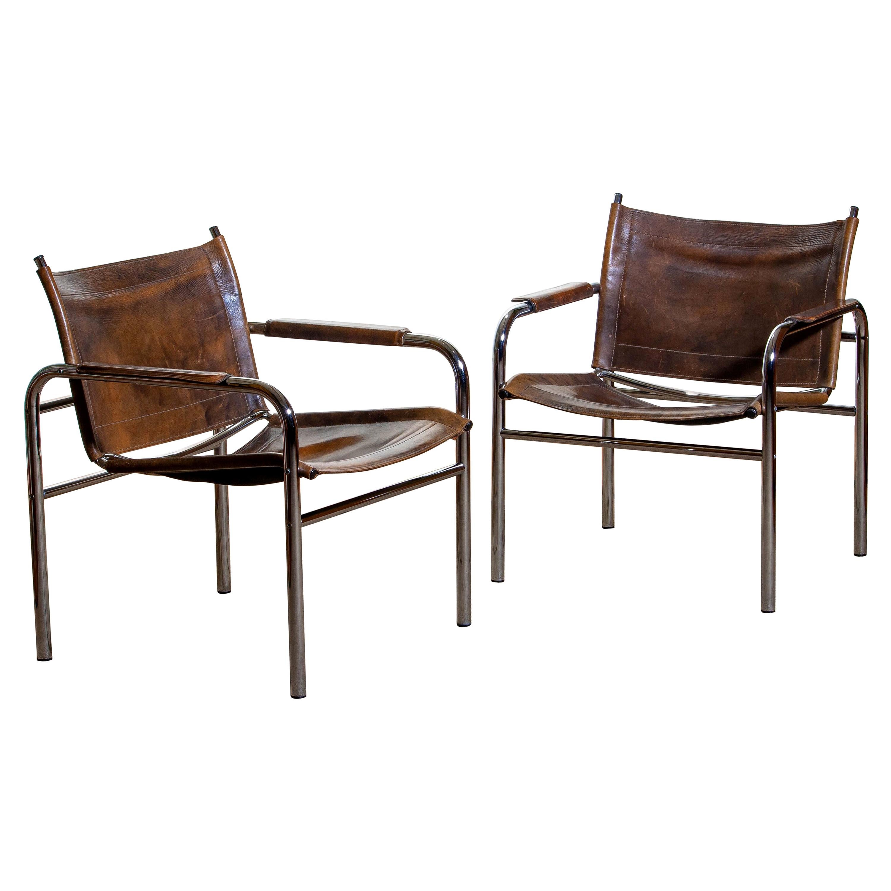 1980s, Pair of Leather and Tubular Steel Armchairs by Tord Bjorklund, Sweden
