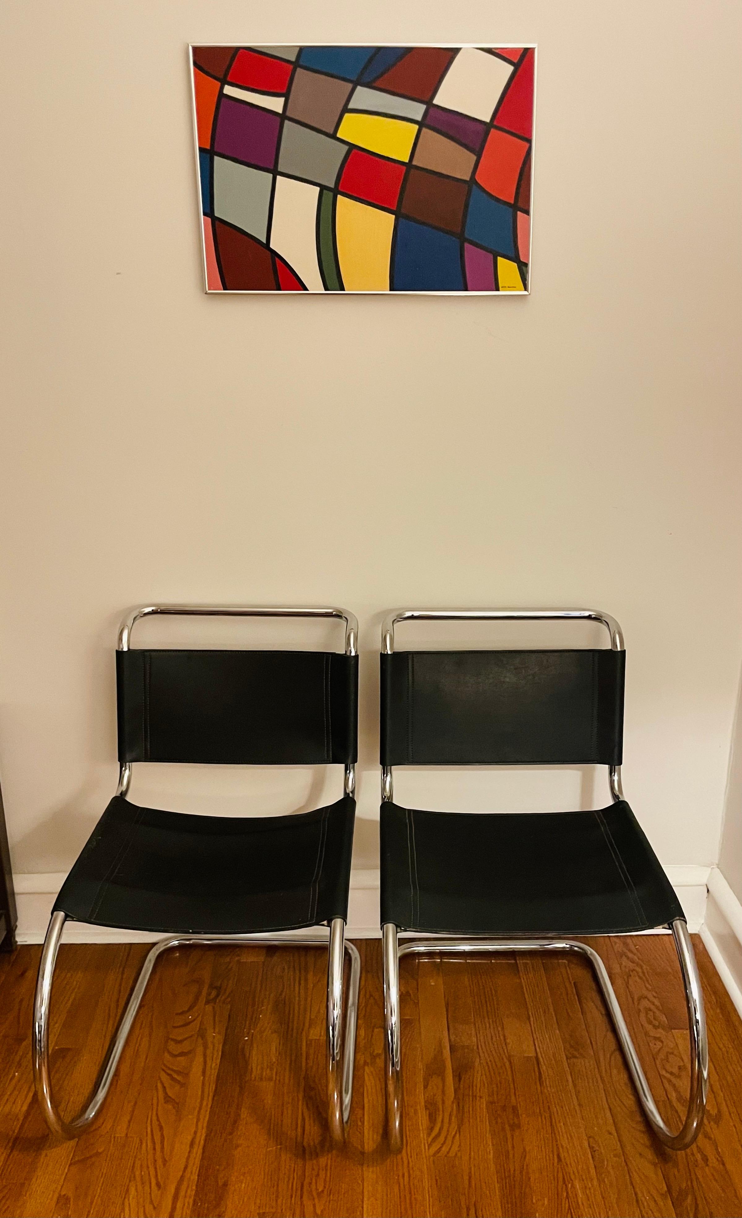 Hand-Crafted 1980s Pair of Ludwig Mies Van Der Rohe MR10 Leather Dining Side Chairs  For Sale