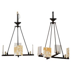 1980s Pair of Modern Metal Chandeliers with Onyx Plates