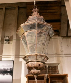 1980s Pair of Moroccan Iron Lanterns Hanging from Openwork Metal